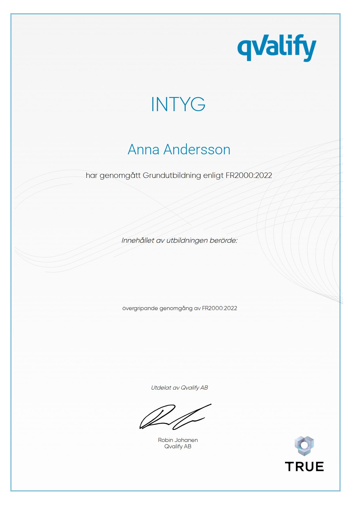 Example certificate for Grundutbildning enligt FR2000:2022 from Qvalify