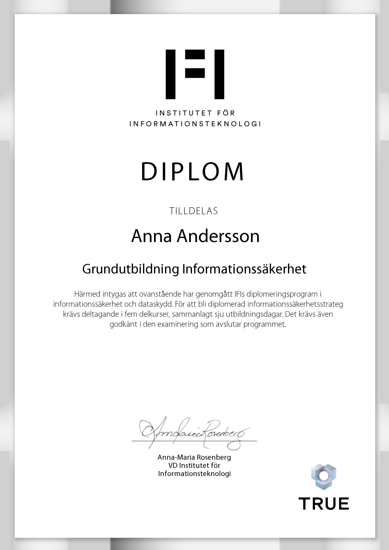 Exempel: diplom för Grundutbildning Informationssäkerhet från IFI AB