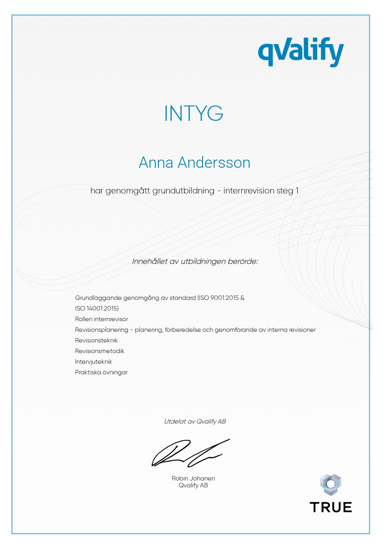 Example certificate for grundutbildning - internrevision steg 1 from Qvalify