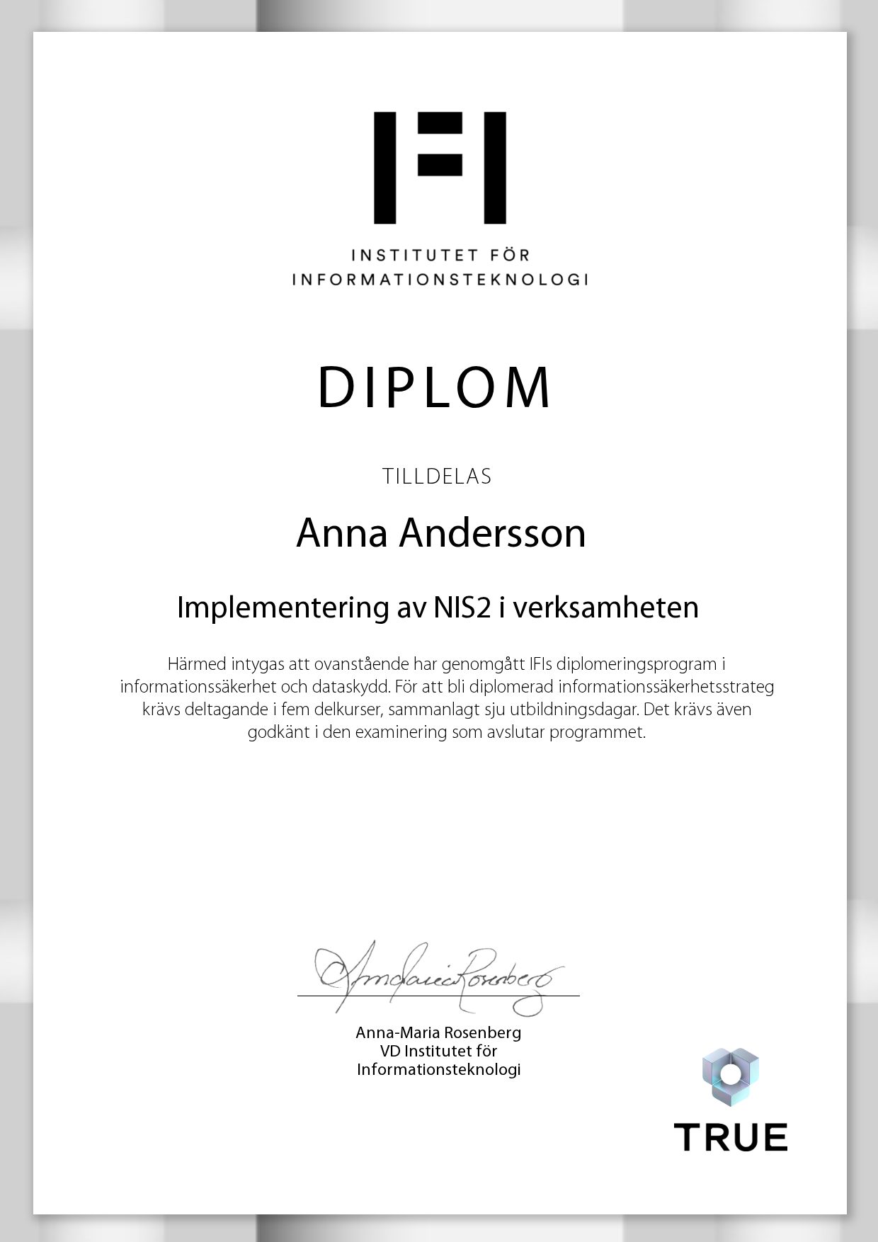 Exempel: diplom för Implementering av NIS2 i verksamheten från IFI AB