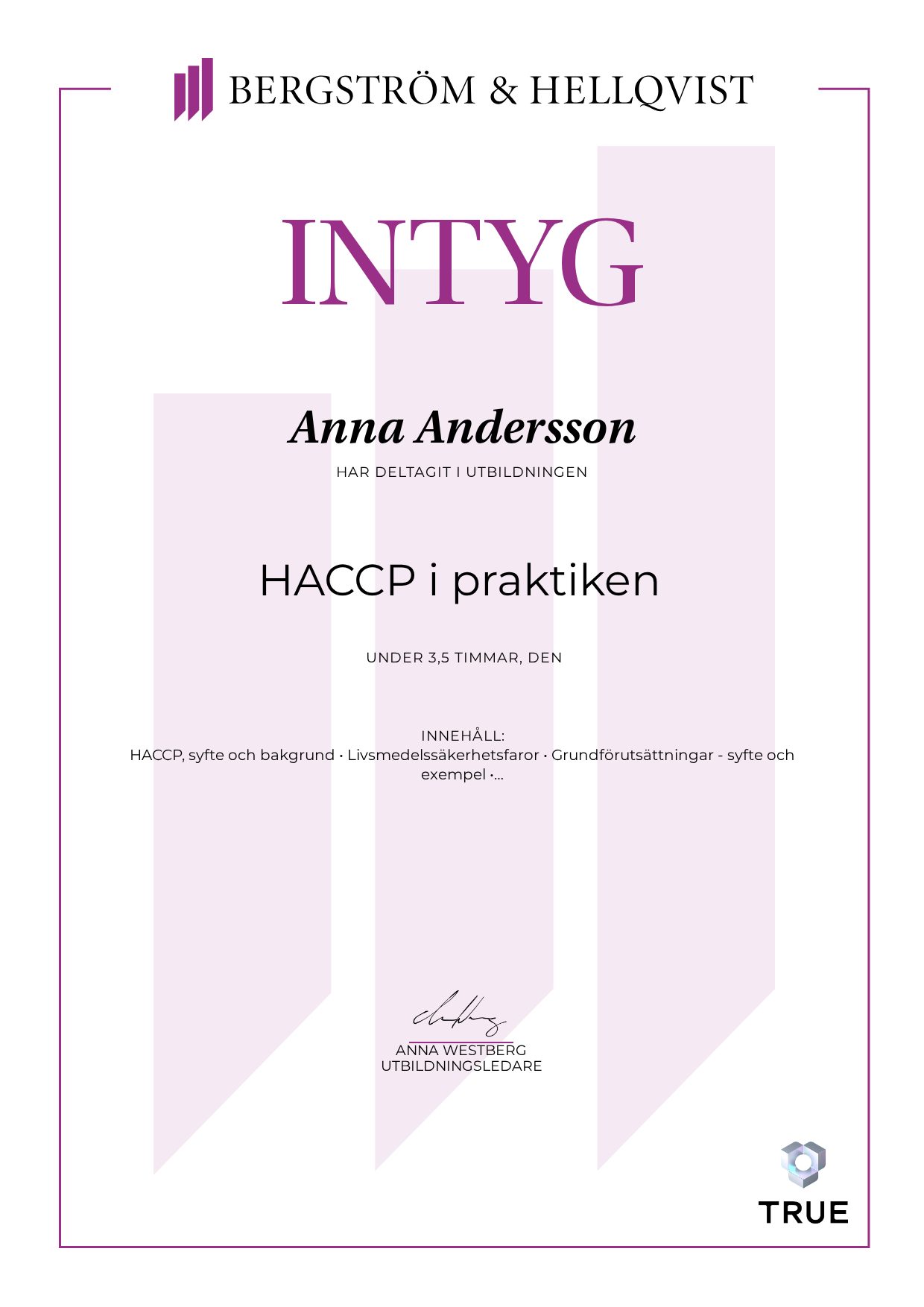 Exempel: diplom för HACCP i praktiken från Bergström & Hellqvist