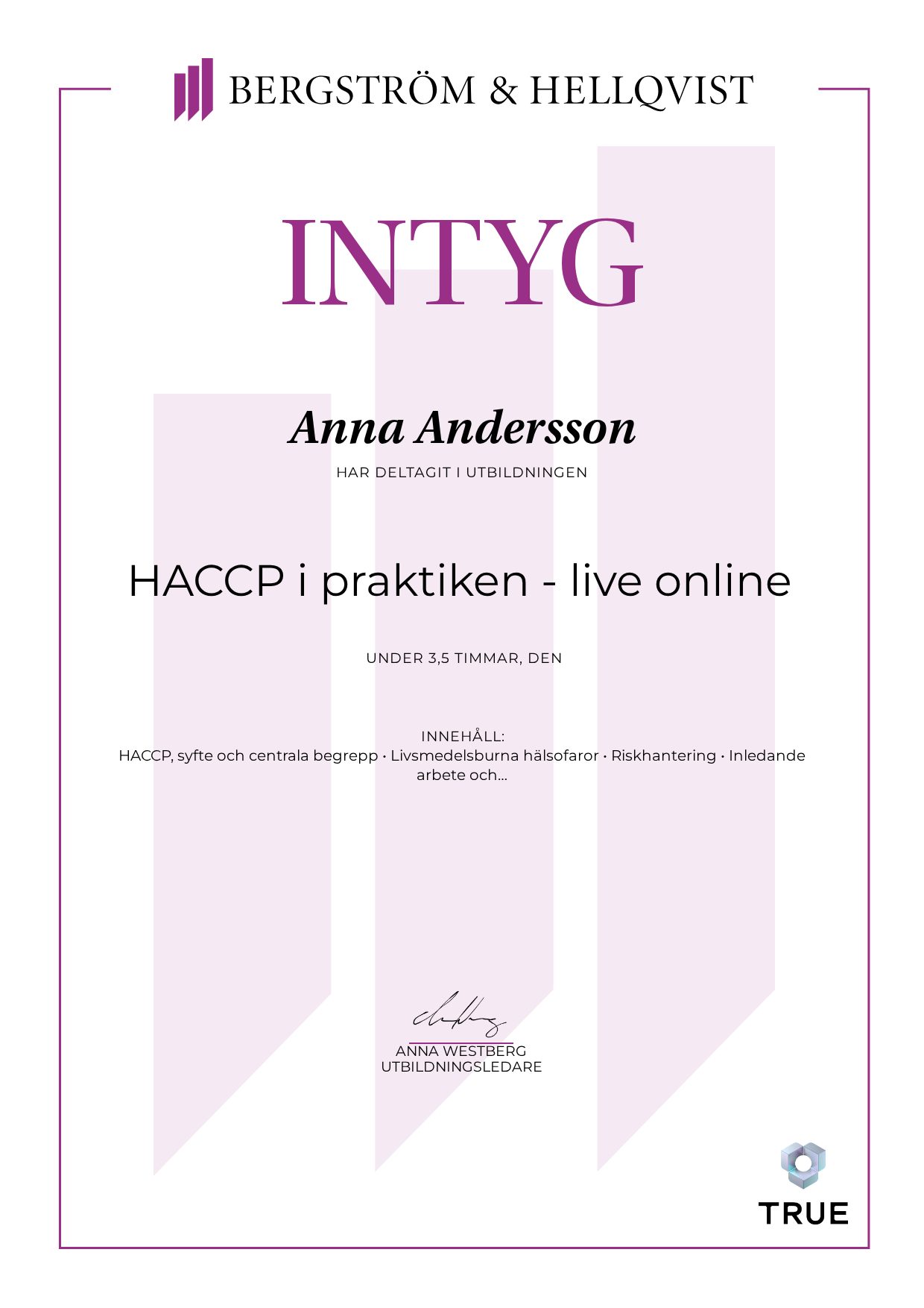 Exempel: diplom för HACCP i praktiken - live online från Bergström & Hellqvist