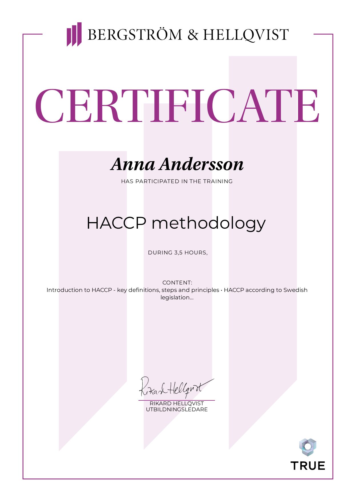 Exempel: diplom för HACCP methodology från Bergström & Hellqvist