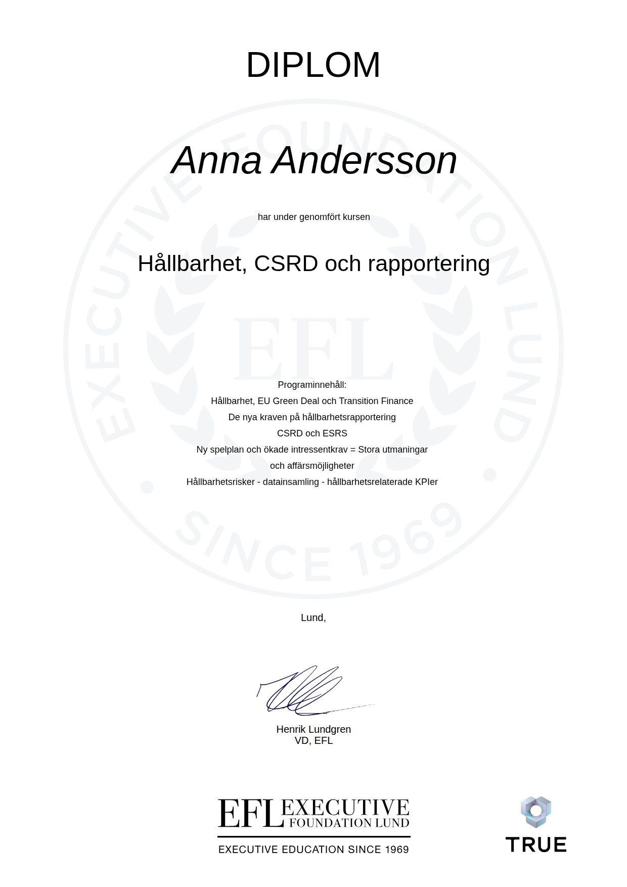 Exempel: diplom för Hållbarhet, CSRD och rapportering från EFL Executive Education
