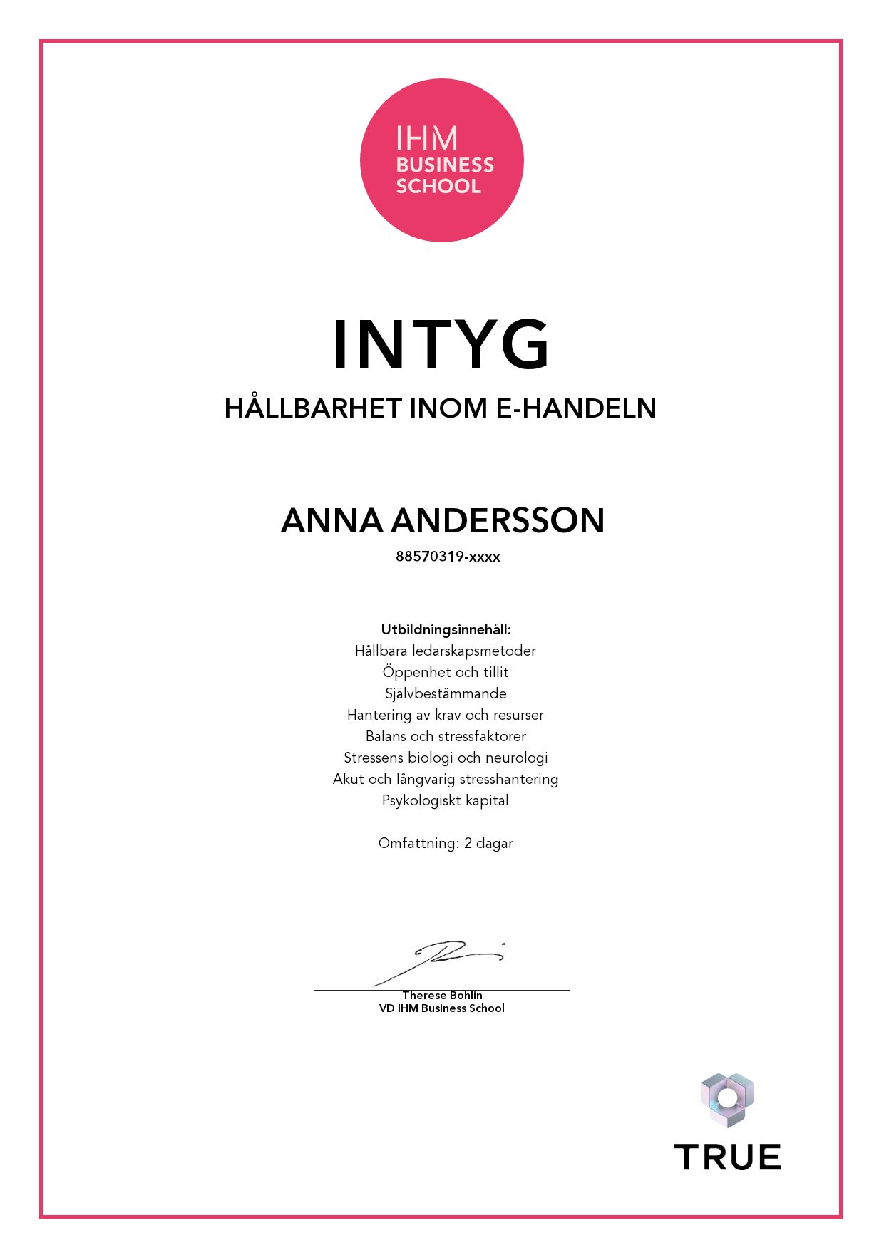 Exempel: diplom för Hållbarhet inom e-handeln från IHM Business School