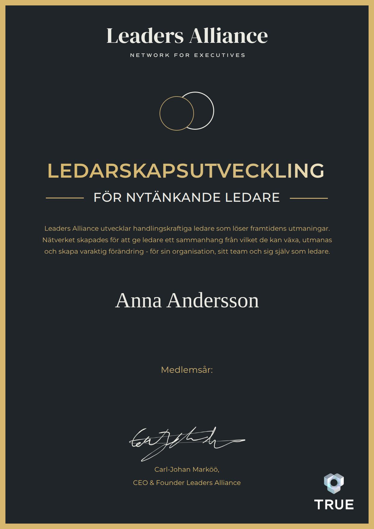 Exempel: diplom för Hållbarhetschef från Leaders Alliance