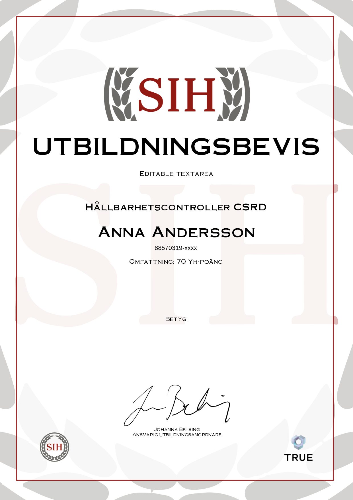 Exempel: diplom för Hållbarhetscontroller CSRD från SIH - Stockholms Internationella Handelsskola