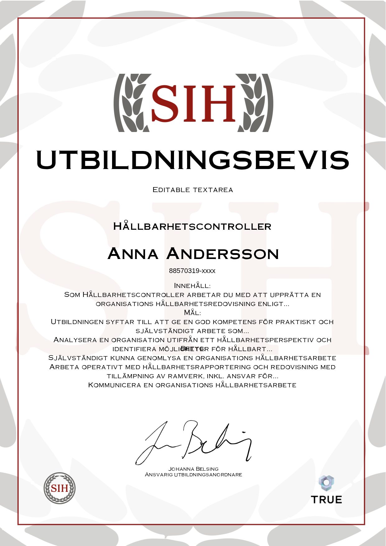 Example certificate for Hållbarhetscontroller from SIH - Stockholms Internationella Handelsskola
