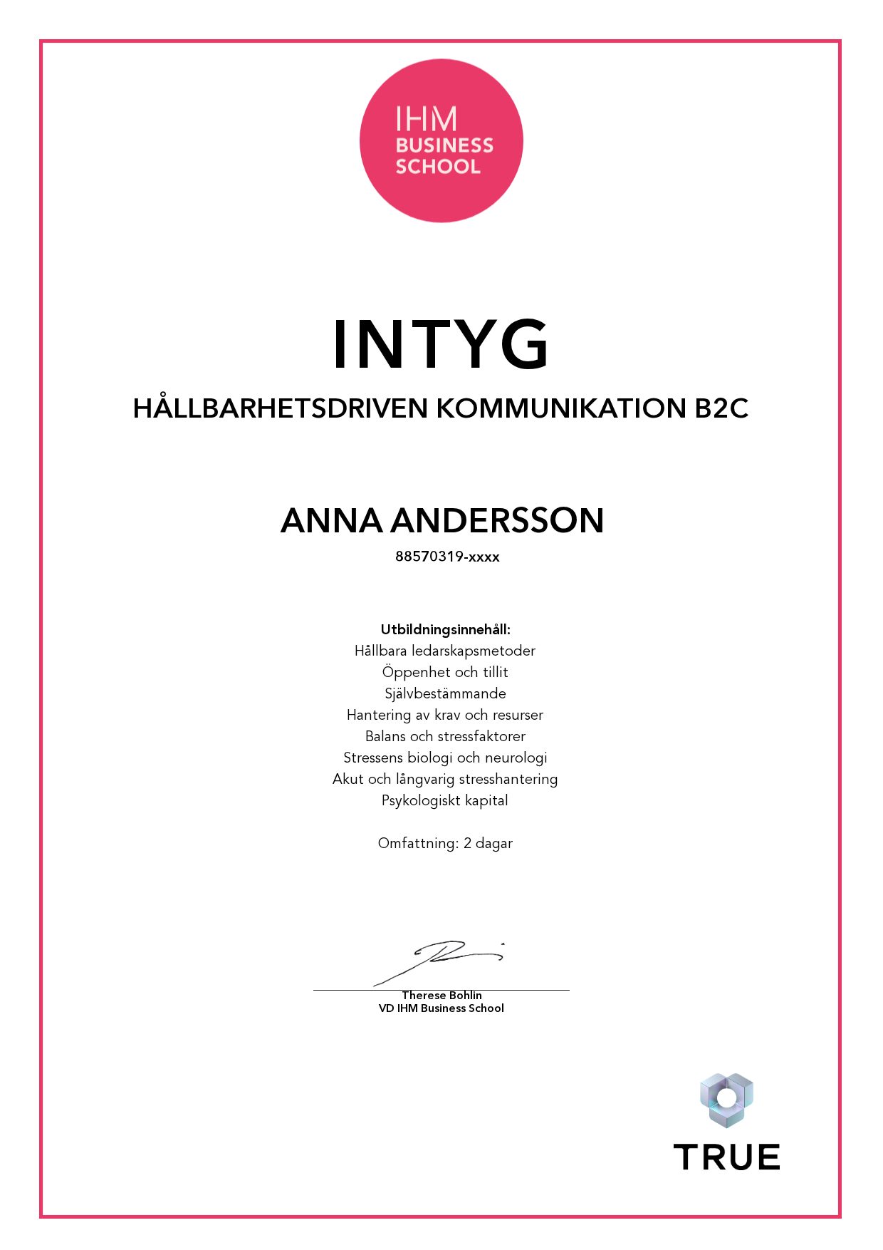 Exempel: diplom för Hållbarhetsdriven kommunikation B2C från IHM Business School