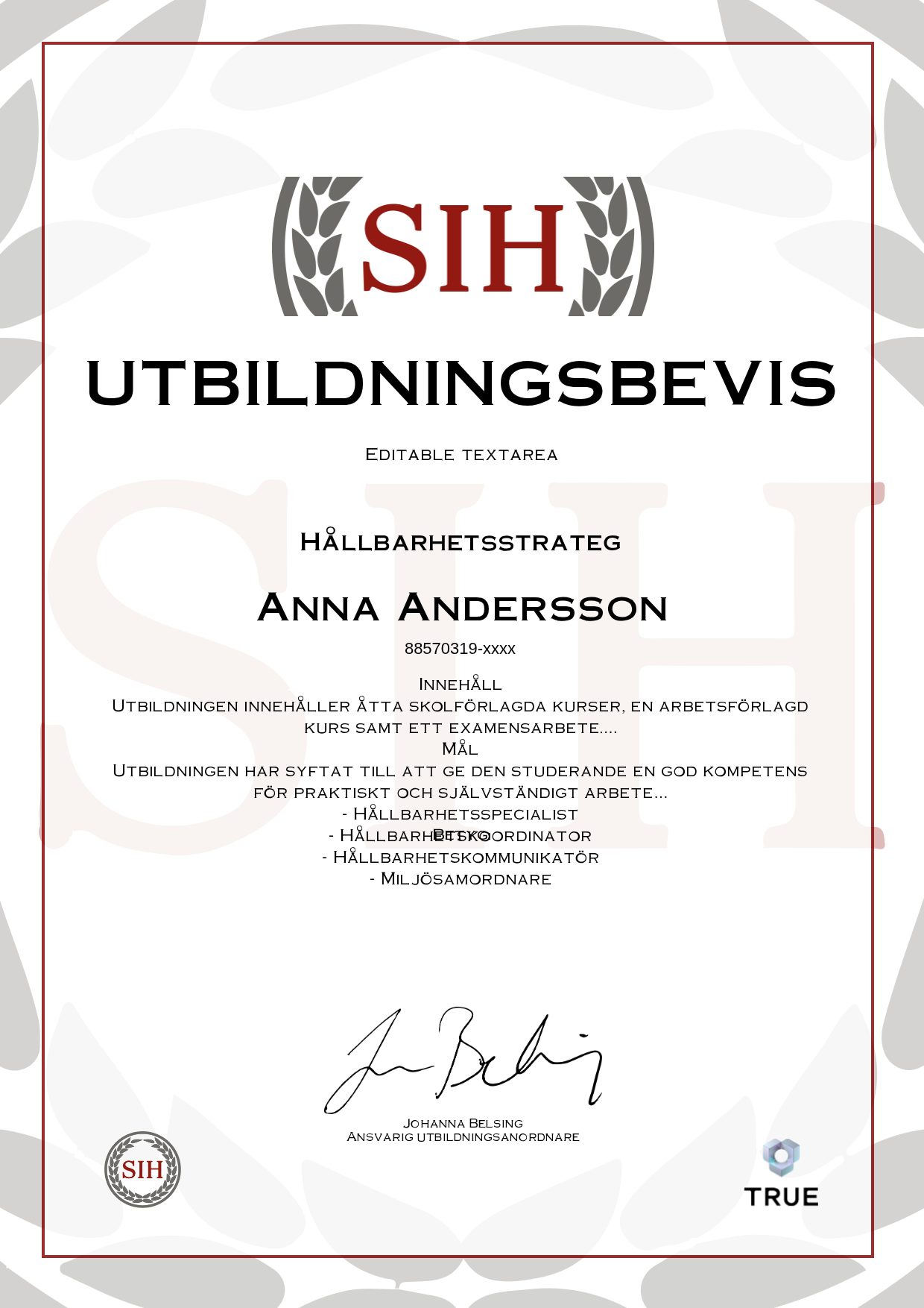 Example certificate for Hållbarhetsstrateg from SIH - Stockholms Internationella Handelsskola