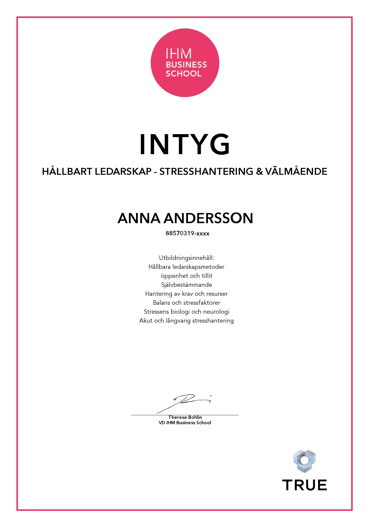 Exempel: diplom för Hållbart ledarskap - Stresshantering & välmående från IHM Business School