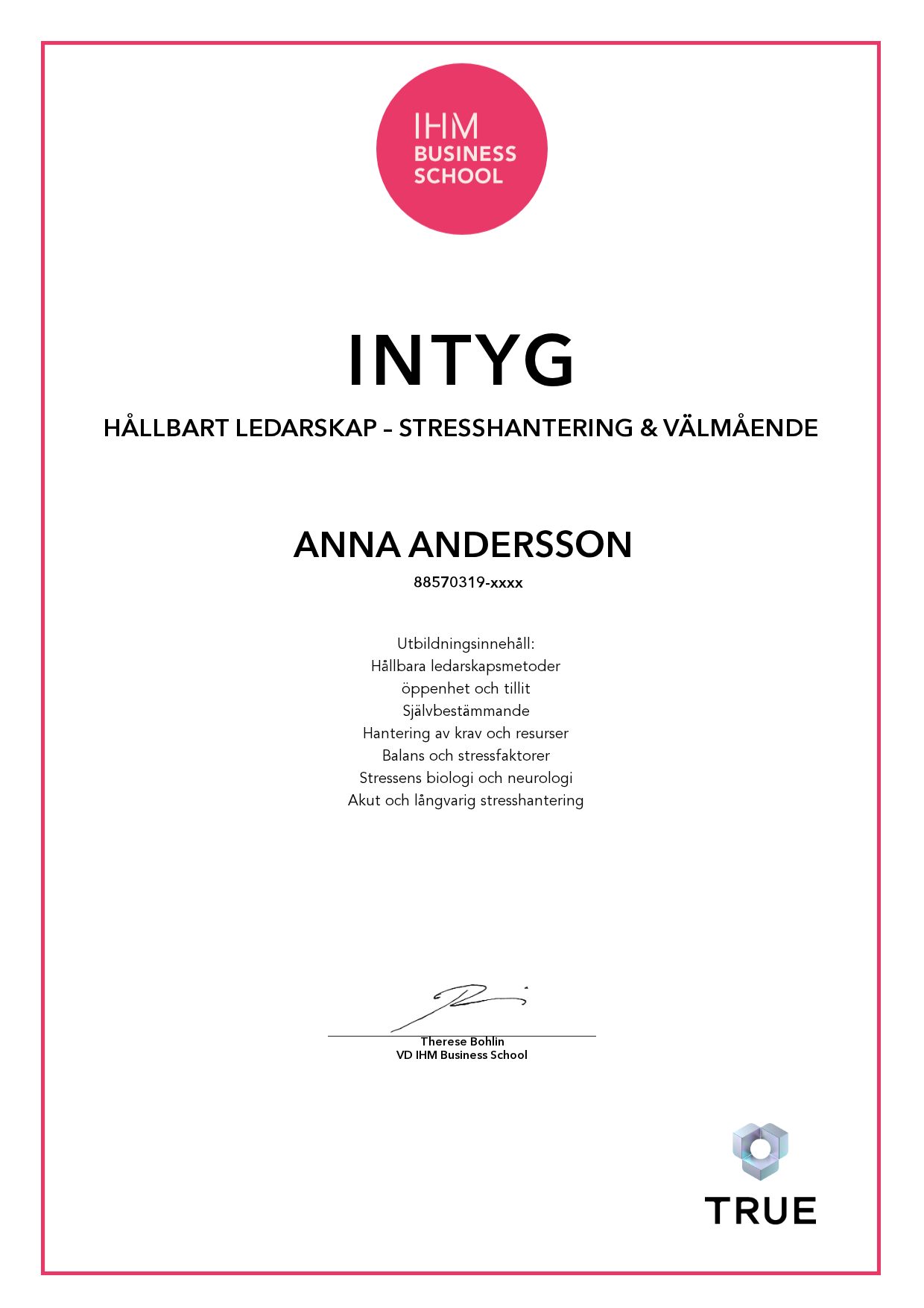 Exempel: diplom för Hållbart ledarskap – Stresshantering & välmående från IHM Business School