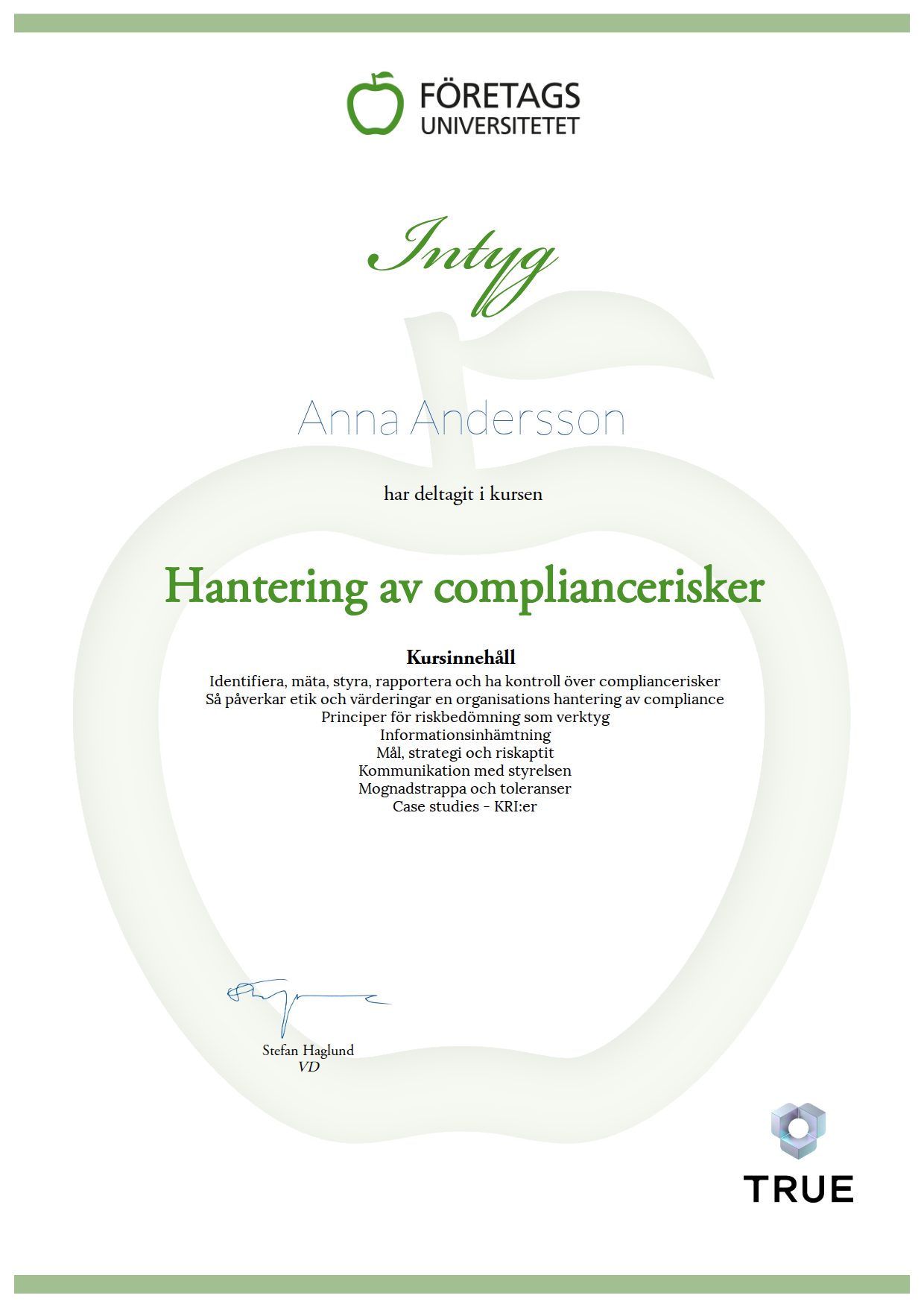 Exempel: diplom för Hantering av compliancerisker från Företagsuniversitetet