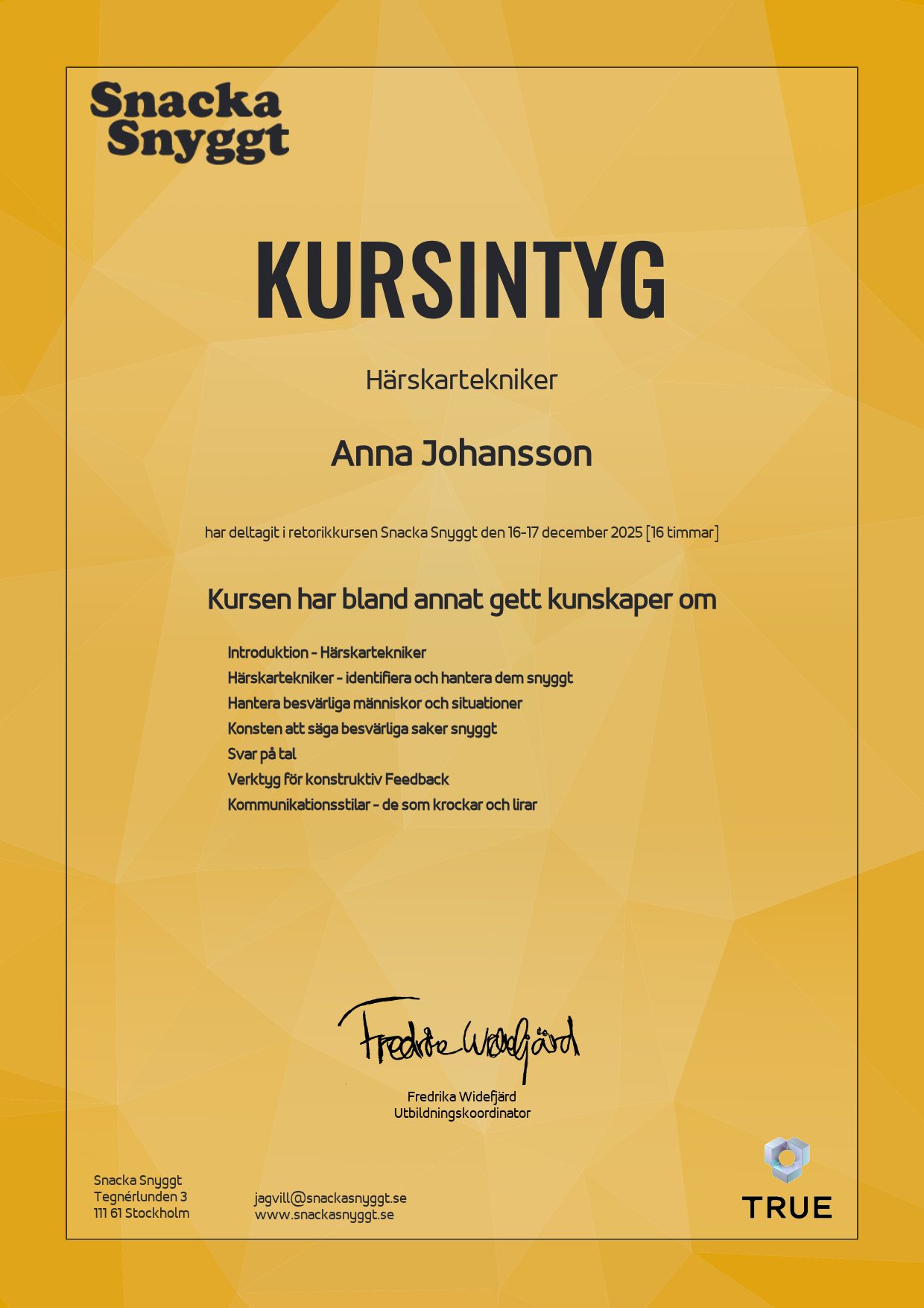 Example certificate for Härskartekniker from Snacka Snyggt