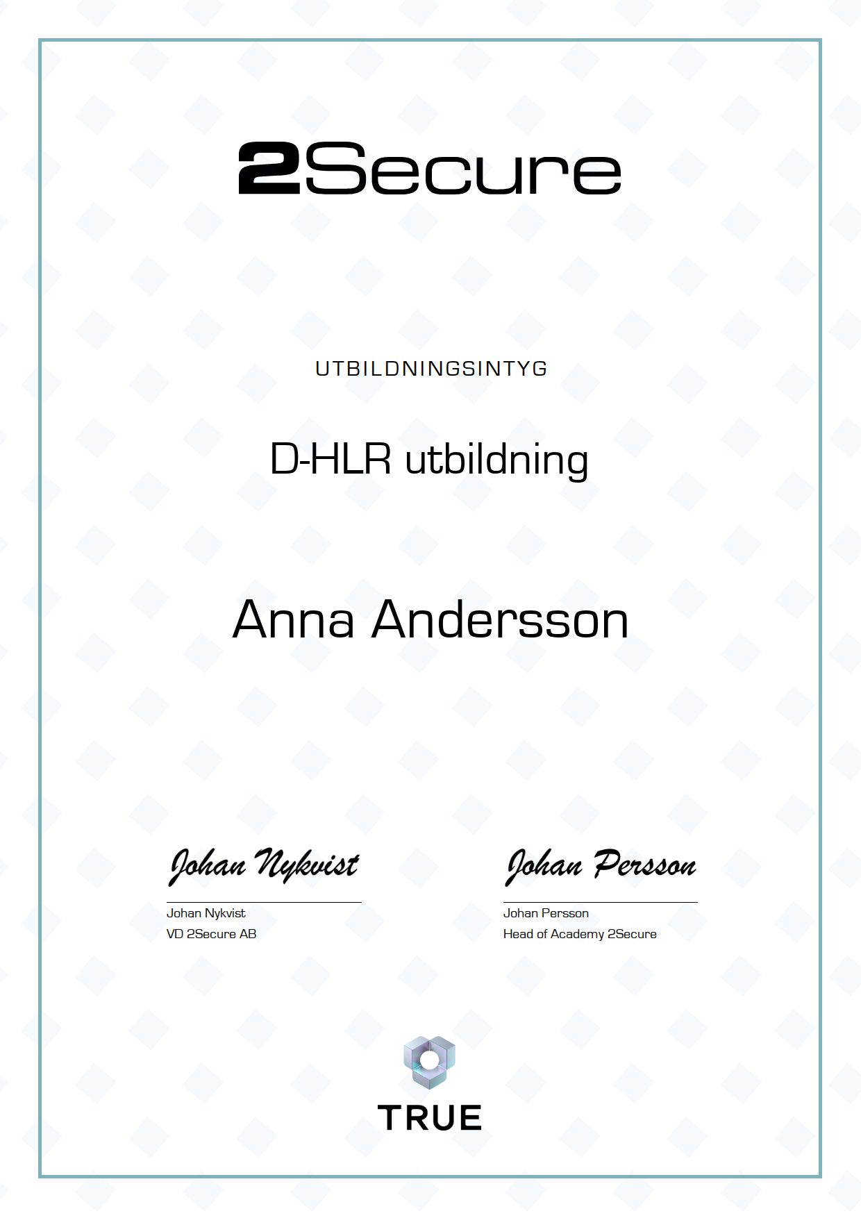 Exempel: diplom för D-HLR utbildning från 2Secure