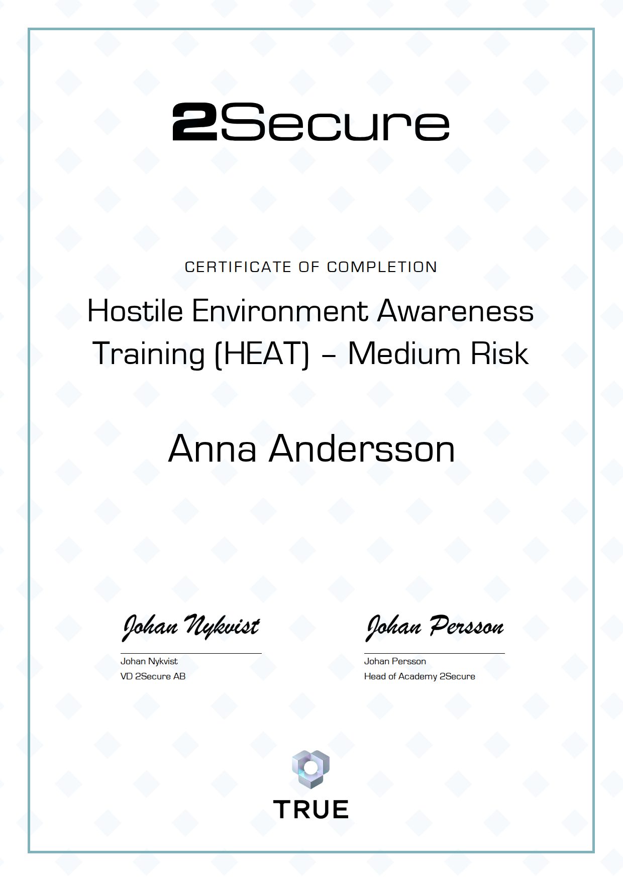 Exempel: diplom för Hostile Environment Awareness Training (HEAT) – Medium Risk från 2Secure