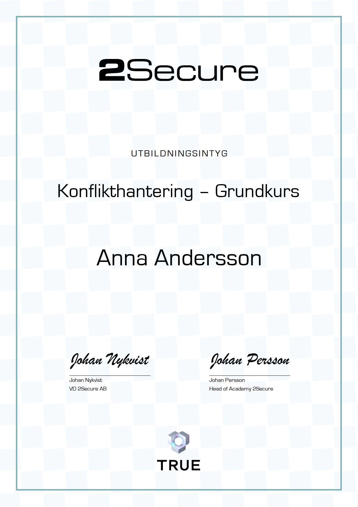 Example certificate for Konflikthantering – Grundkurs from 2Secure