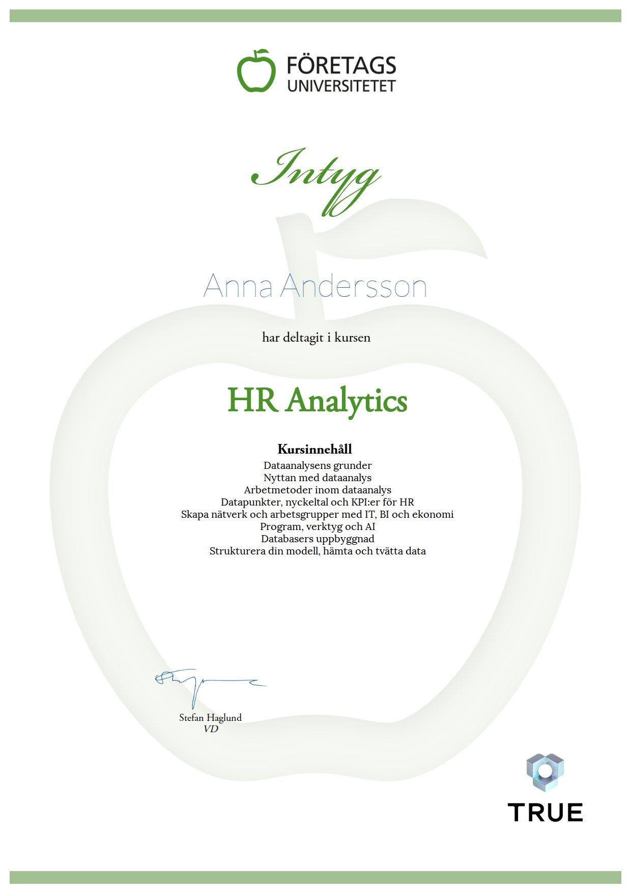 Example certificate for HR Analytics from Företagsuniversitetet