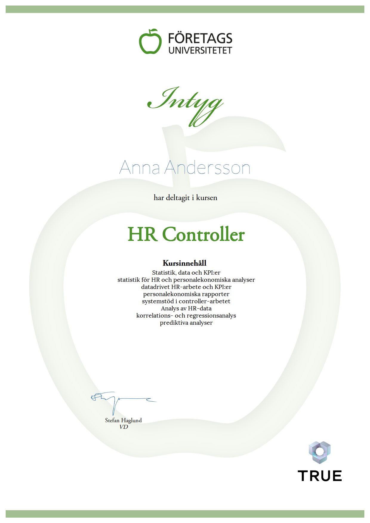 Exempel: diplom för HR Controller från Företagsuniversitetet