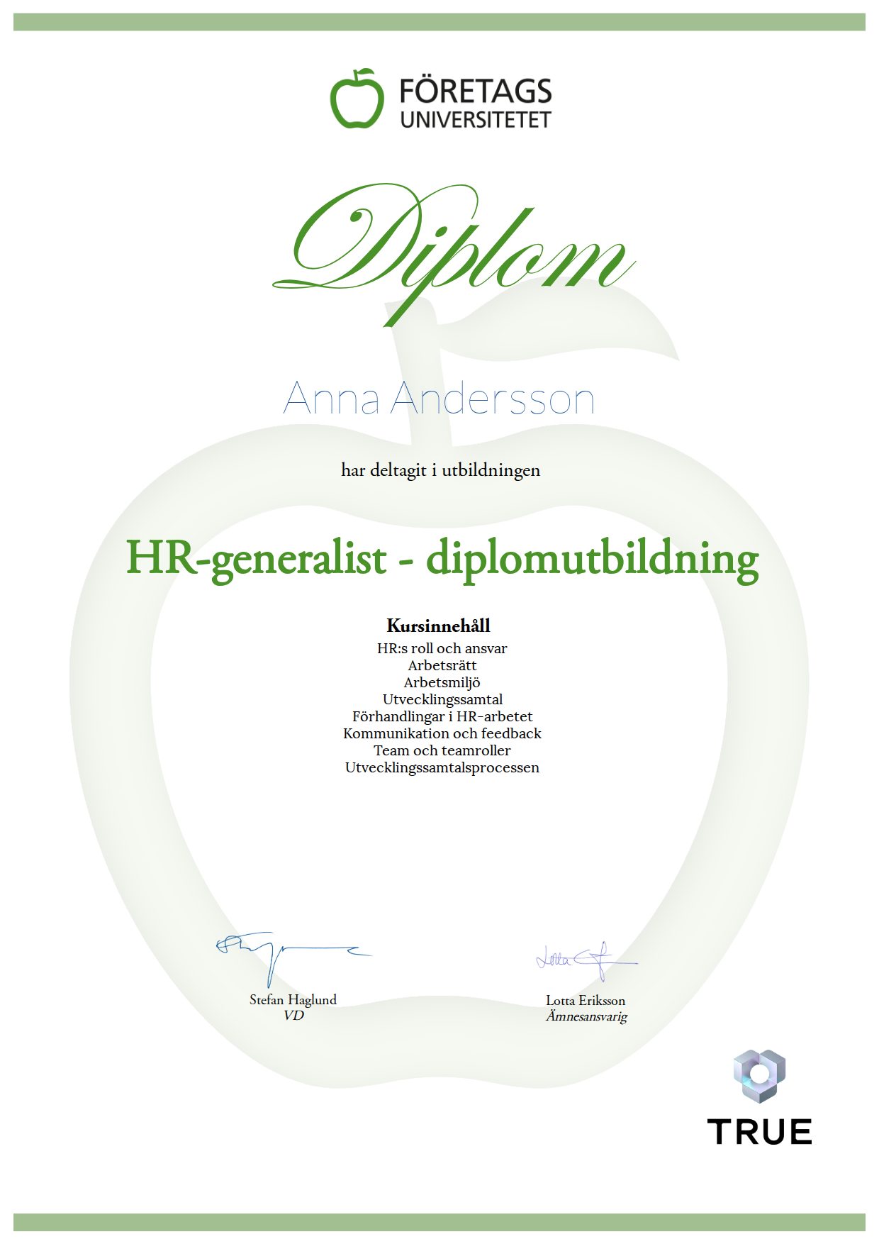 Exempel: diplom för HR-generalist - diplomutbildning från Företagsuniversitetet