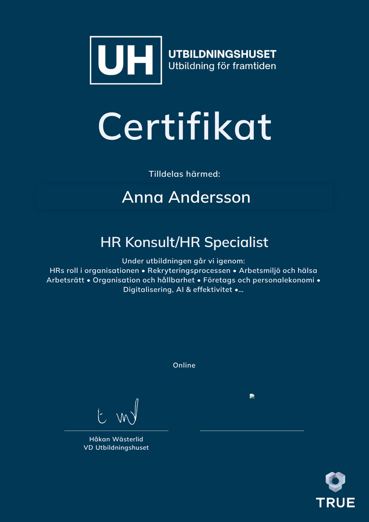 Exempel: diplom för HR Konsult/HR Specialist från Education Online