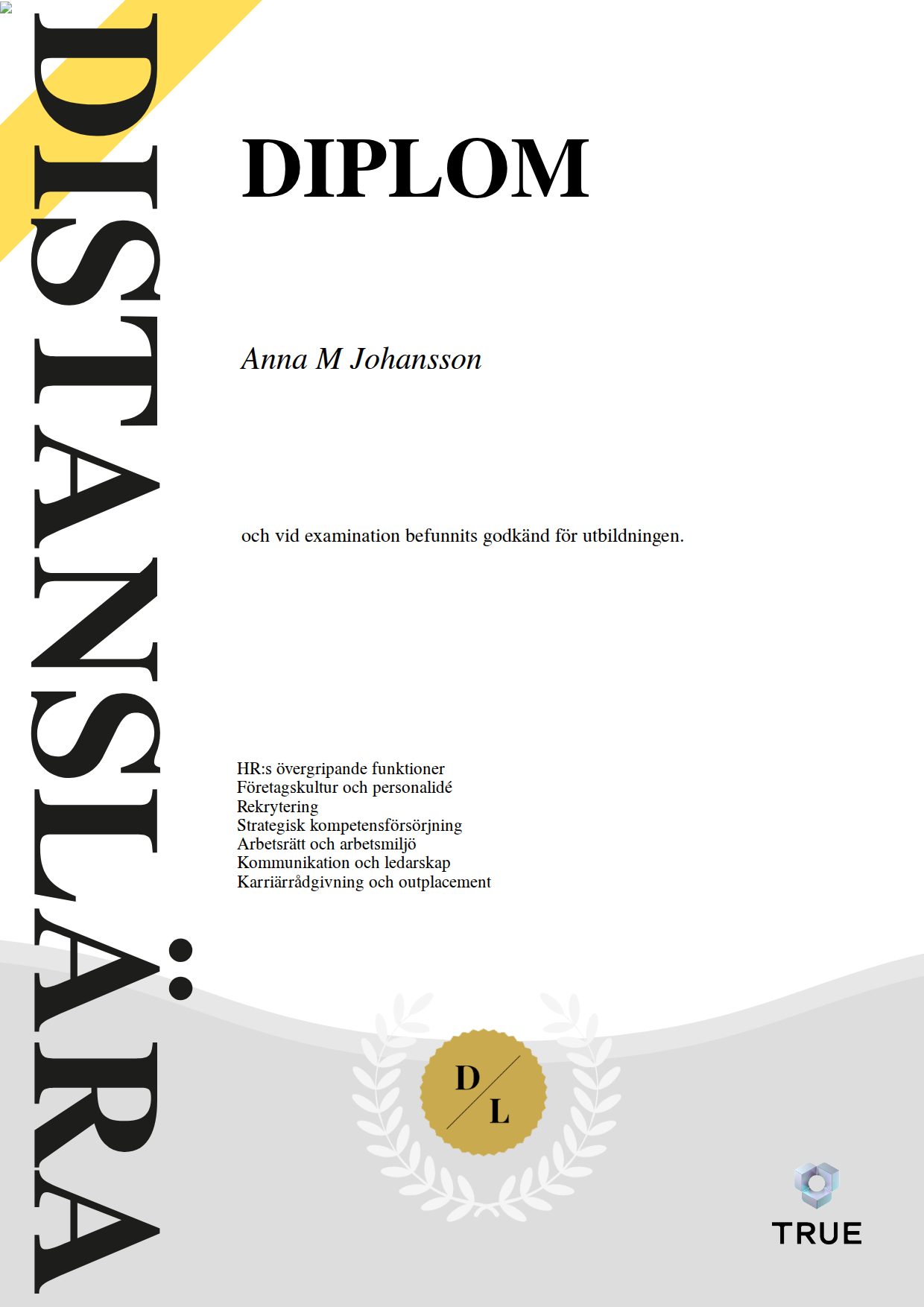 Example certificate for HR Koordinator from Distanslära