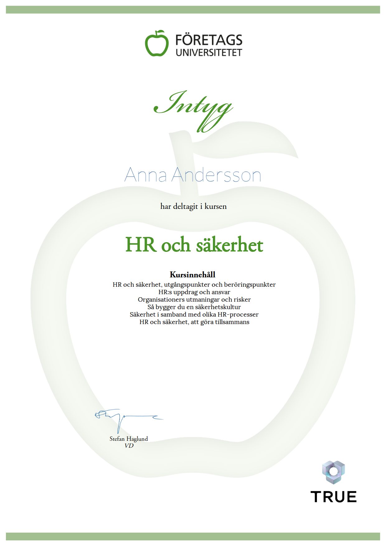 Exempel: diplom för HR och säkerhet från Företagsuniversitetet