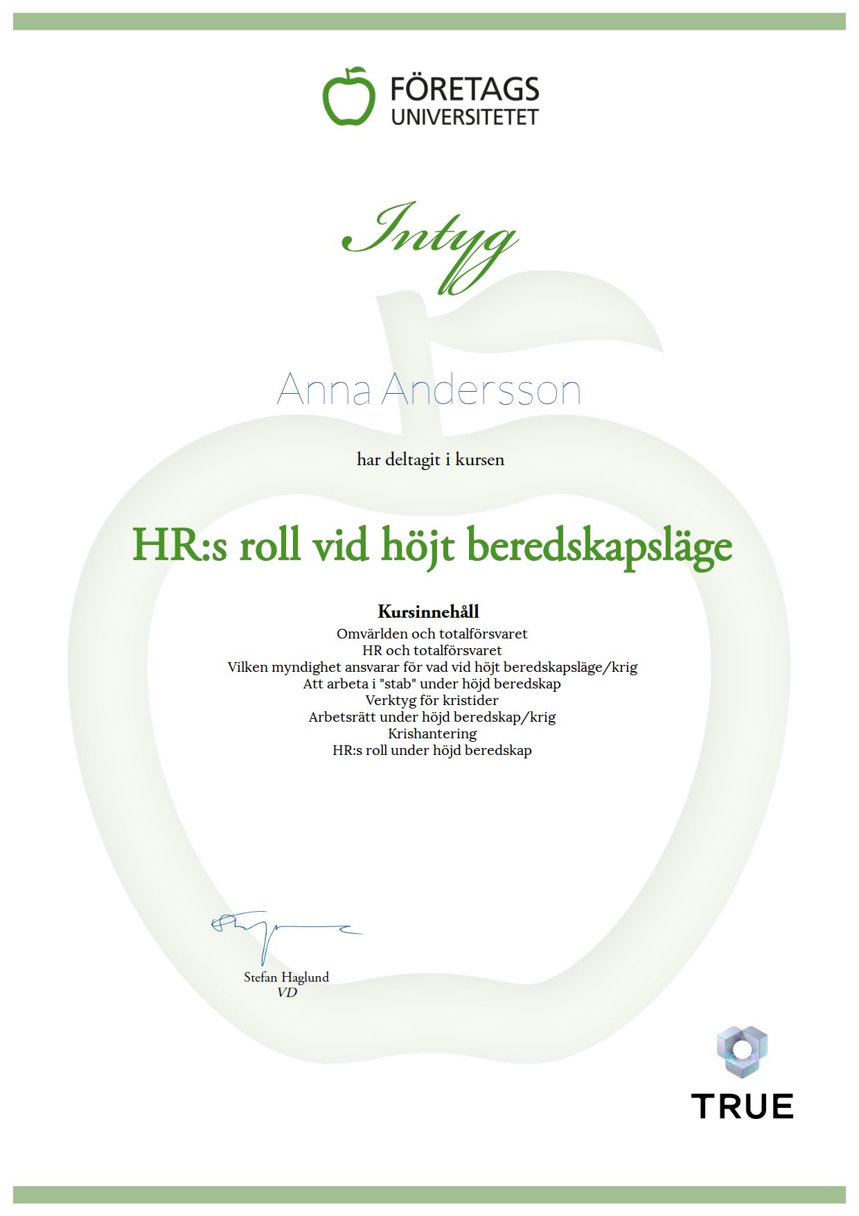 Exempel: diplom för HR:s roll vid höjt beredskapsläge från Företagsuniversitetet