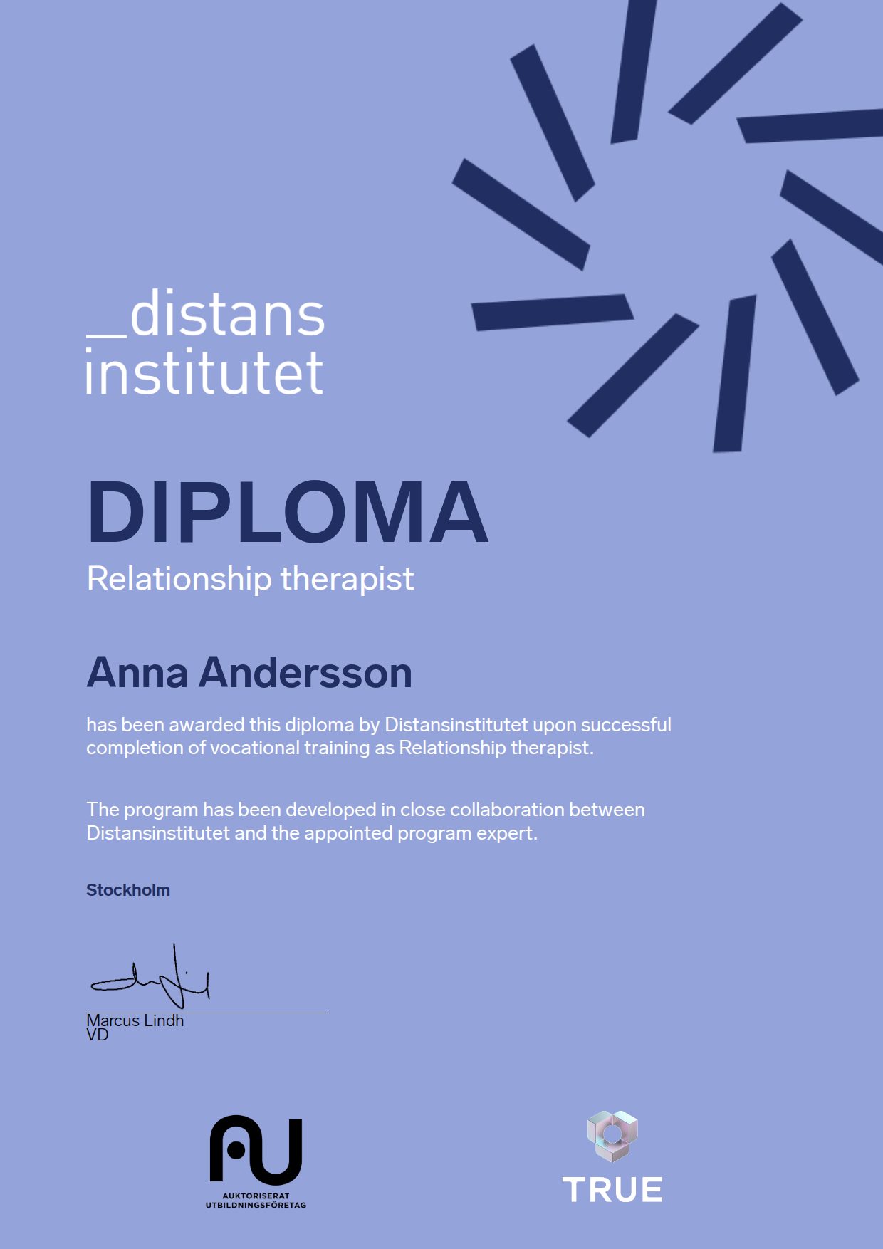 Exempel: diplom för Relationship therapist från Distansinstitutet Sverige AB