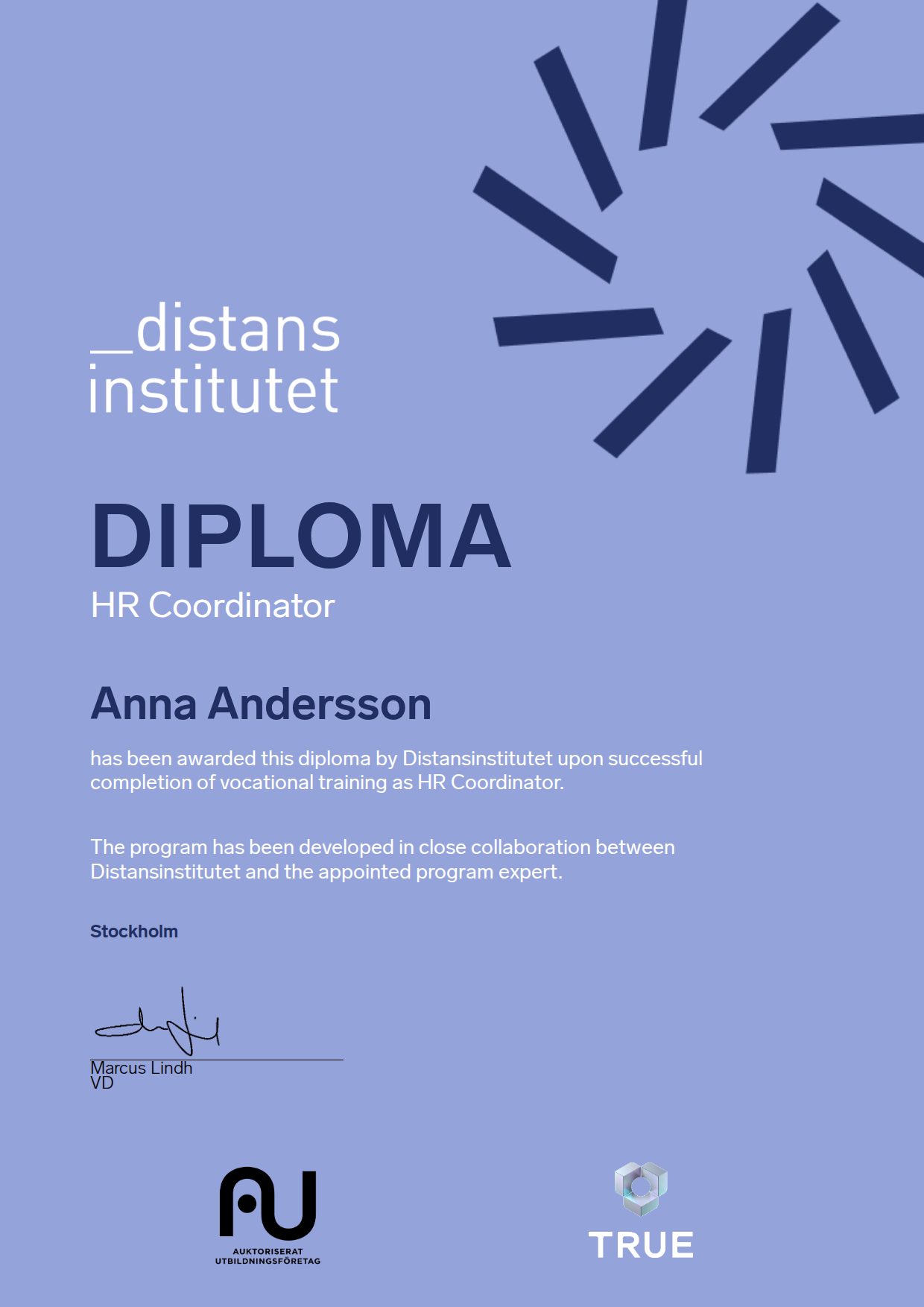 Example certificate for HR Coordinator from Distansinstitutet Sverige AB