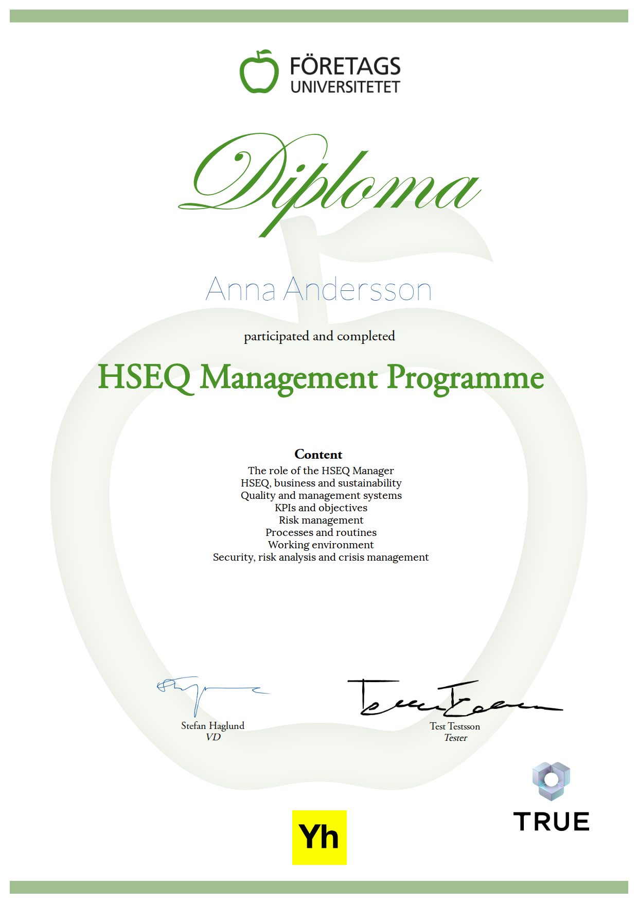 Example certificate for HSEQ Management Programme from Företagsuniversitetet