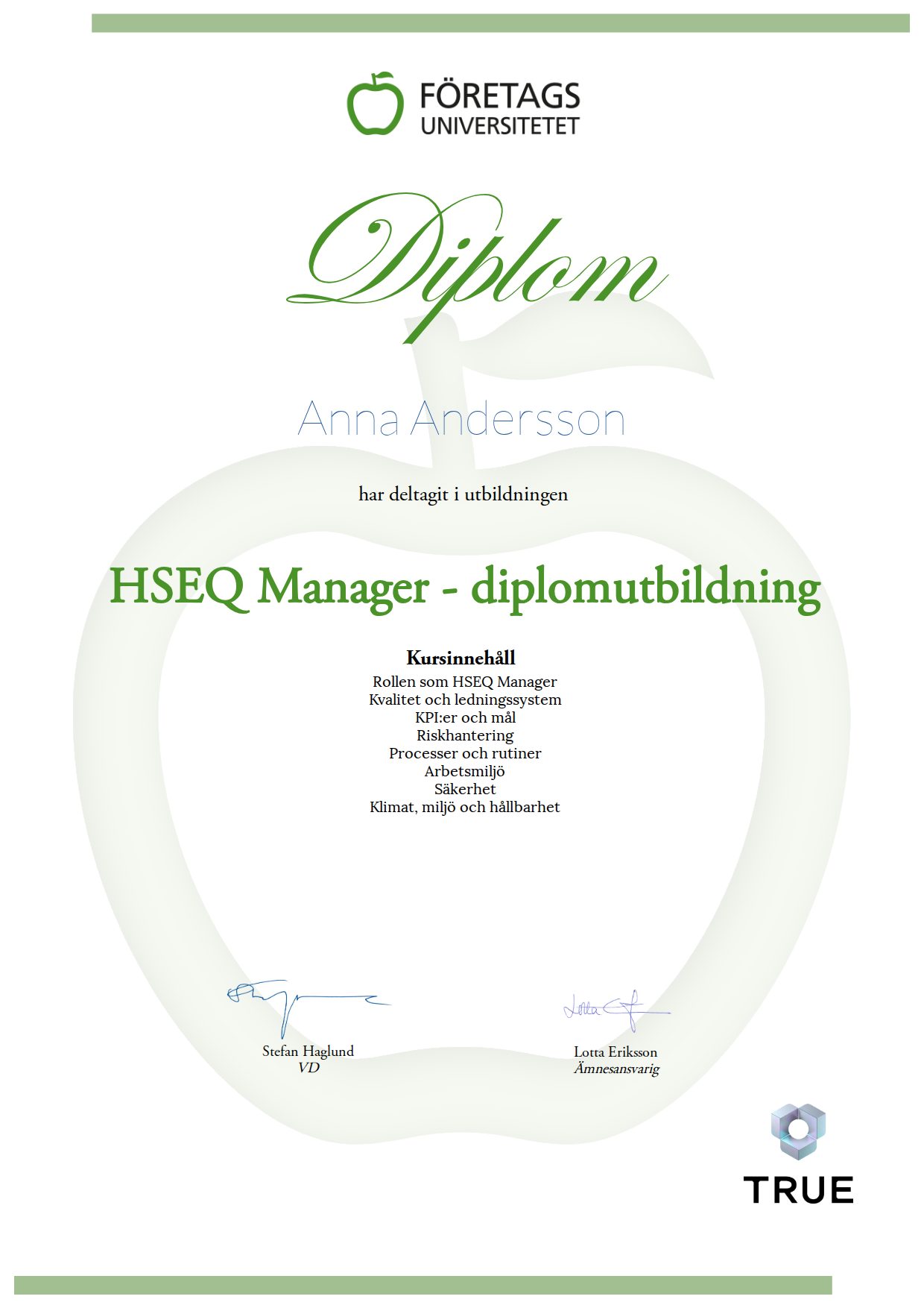 Exempel: diplom för HSEQ Manager - diplomutbildning från Företagsuniversitetet