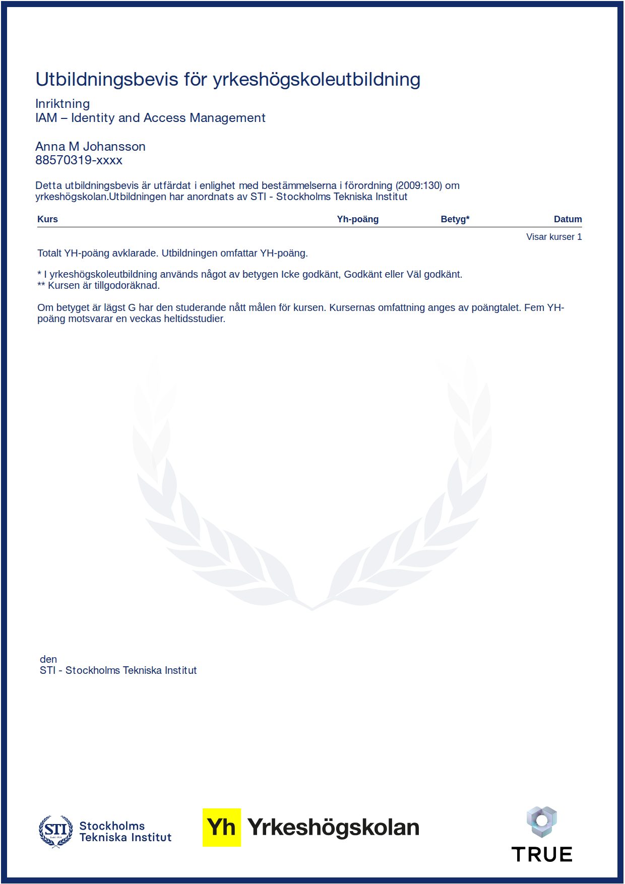 Example certificate for IAM – Identity and Access Management from STI - Stockholms Tekniska Institut