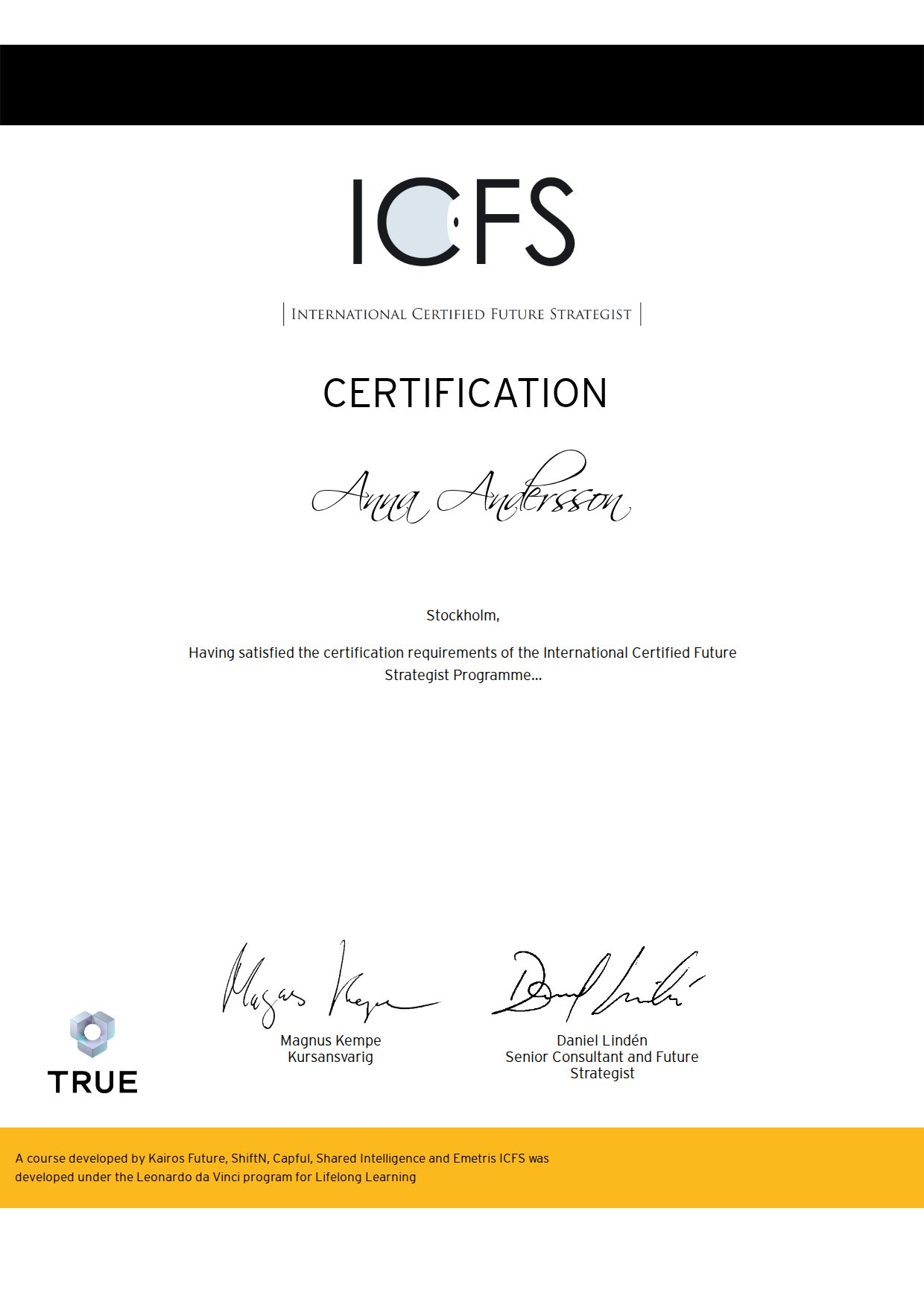 Exempel: diplom för Certification ICFS 2023 från Kairos Future