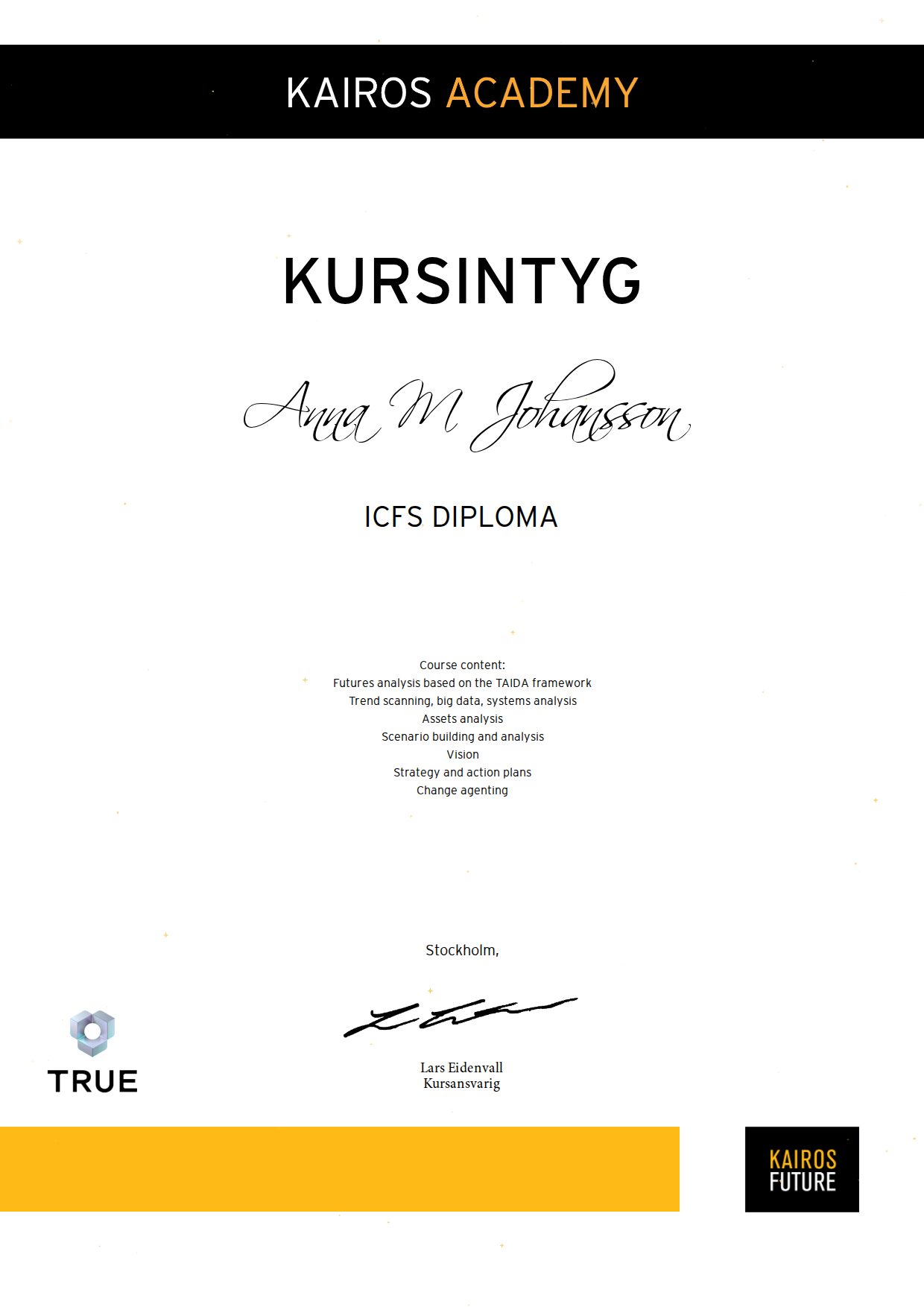 Exempel: diplom för ICFS Diploma från Kairos Future