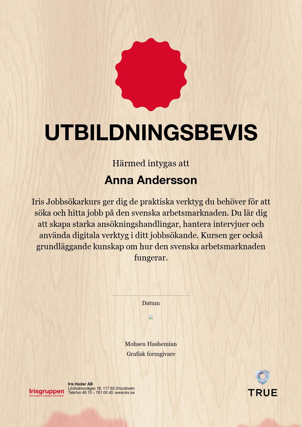 Exempel: diplom för Utbildningsbevis från IRIS - Iris