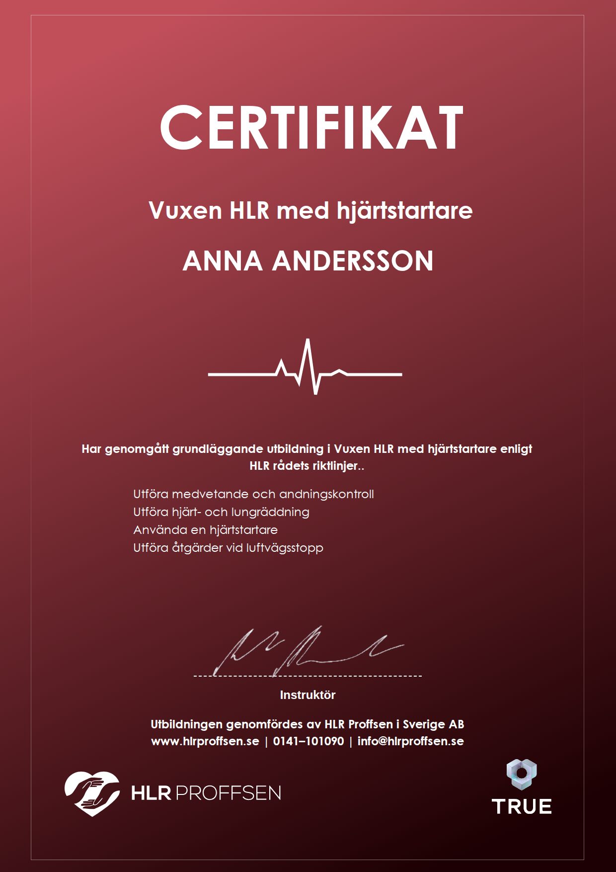 Example certificate for Adult HLR with defibrillator from HLR Proffsen i Sverige