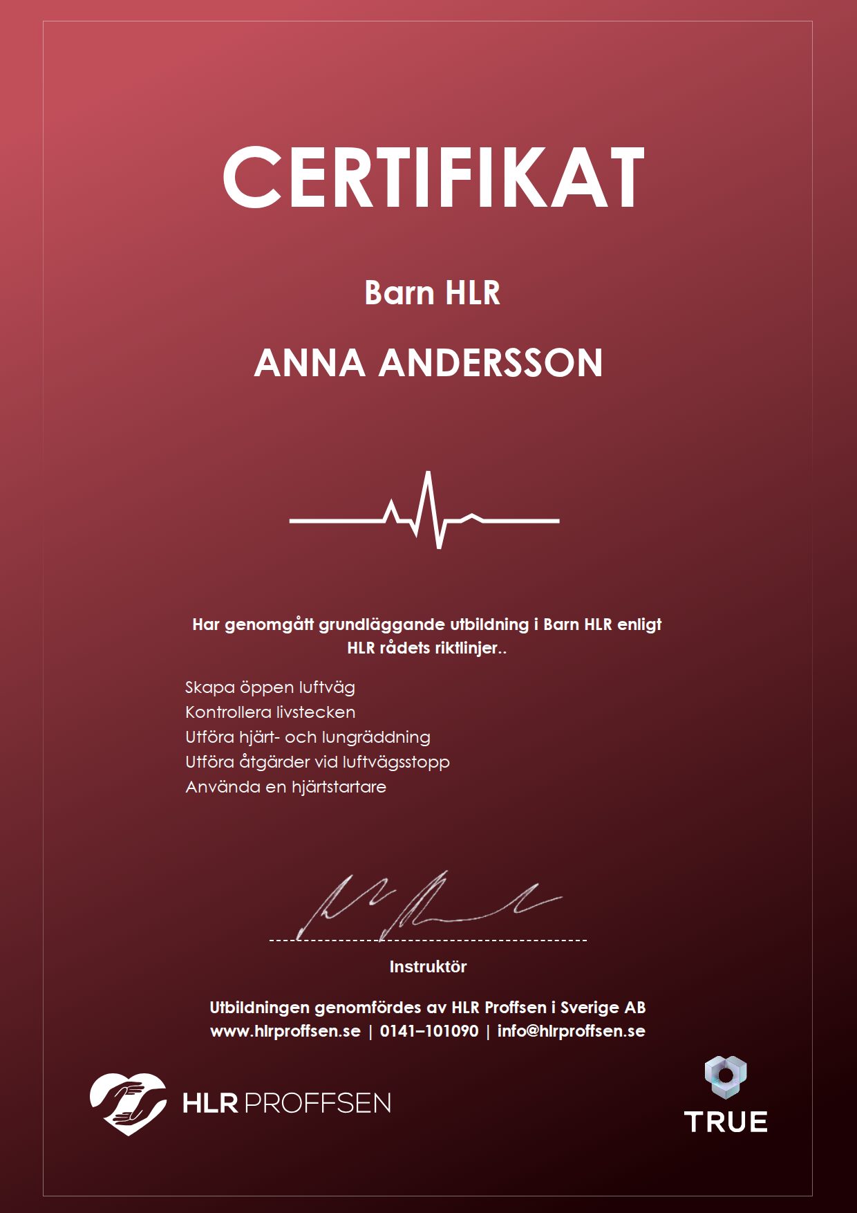 Example certificate for Child CPR (HLR) from HLR Proffsen i Sverige