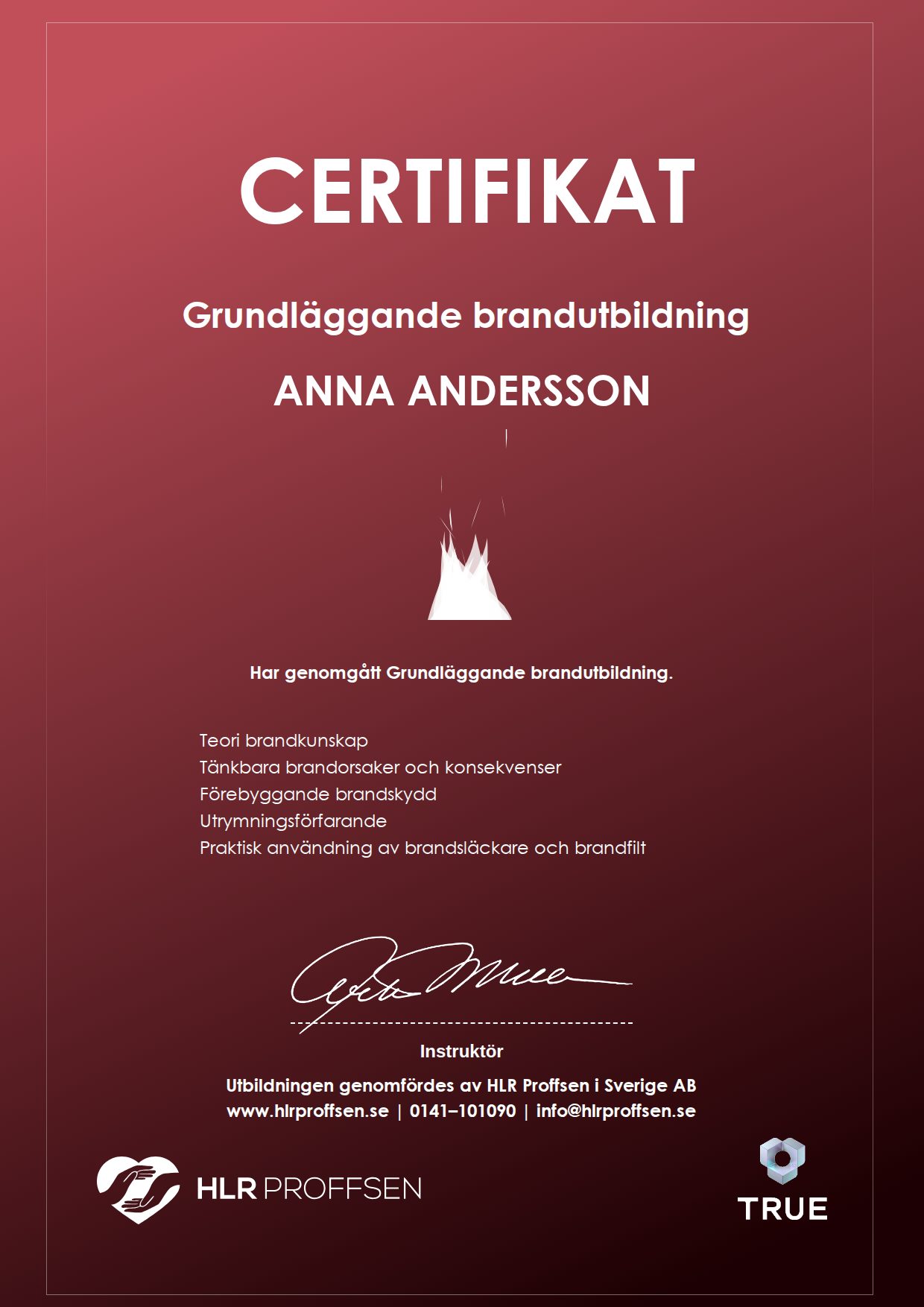 Example certificate for Basic Fire Training from HLR Proffsen i Sverige