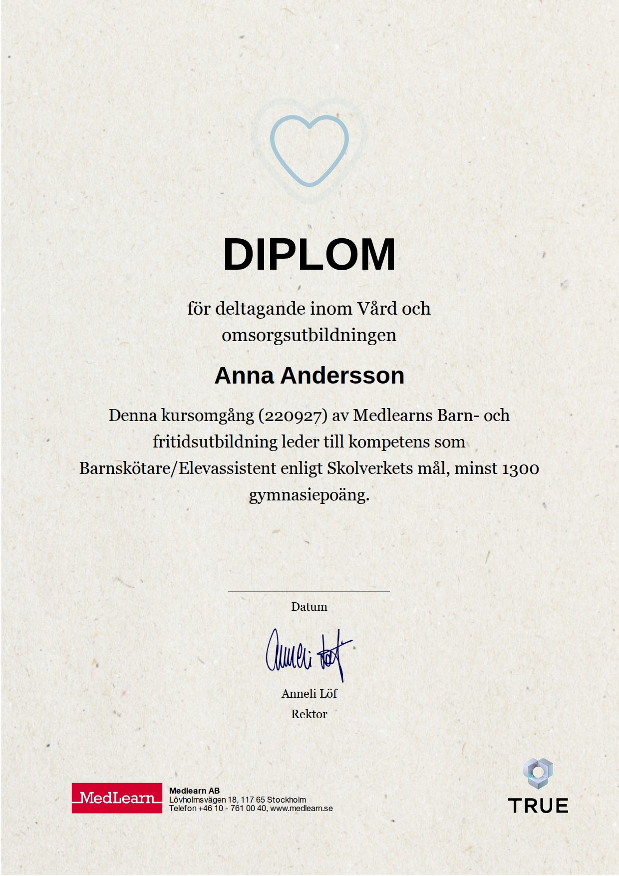 Exempel: diplom för Barn och fritidsutbildningen - 220927 från IRIS - MedLearn