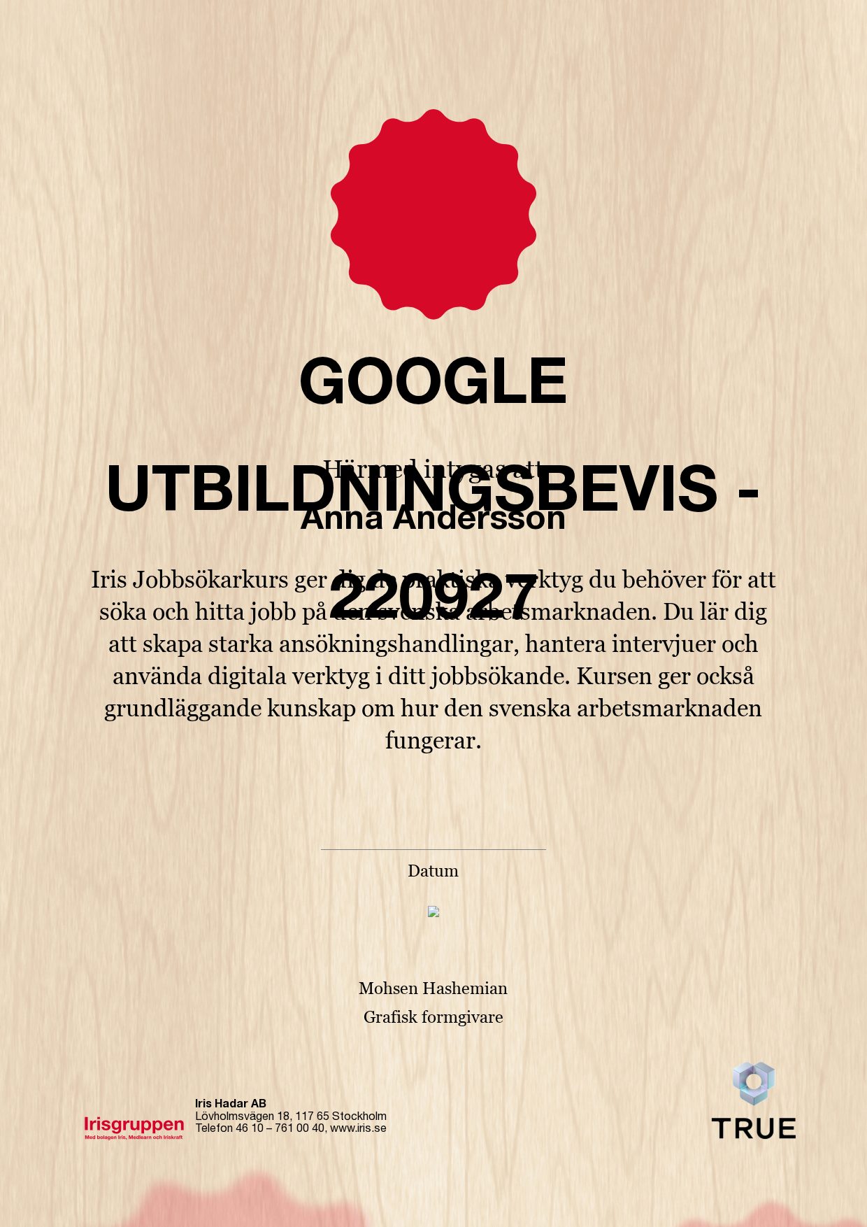 Exempel: diplom för Google utbildningsbevis - 220927 från IRIS - Iris