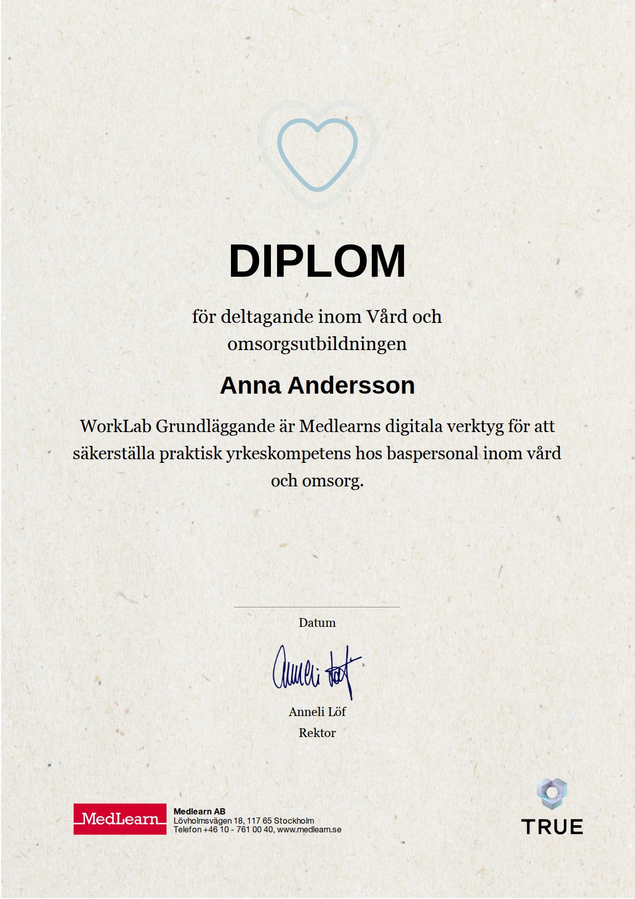 Exempel: diplom för Worklab - Grundläggande praktisk metodik för vård och omsorgspersonal från IRIS - MedLearn