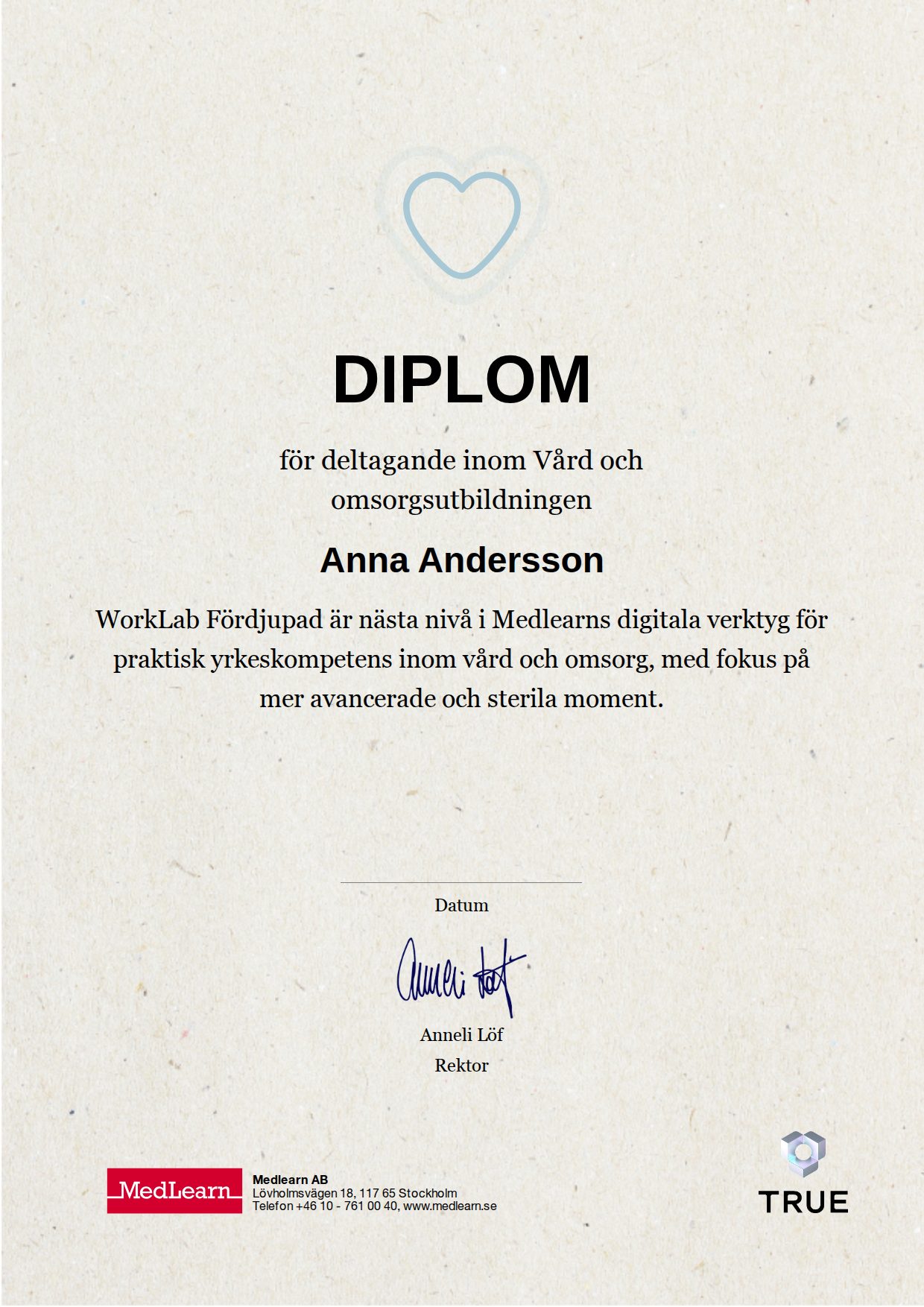 Example certificate for Worklab - Advanced practical methodology for health and social care staff from IRIS - MedLearn