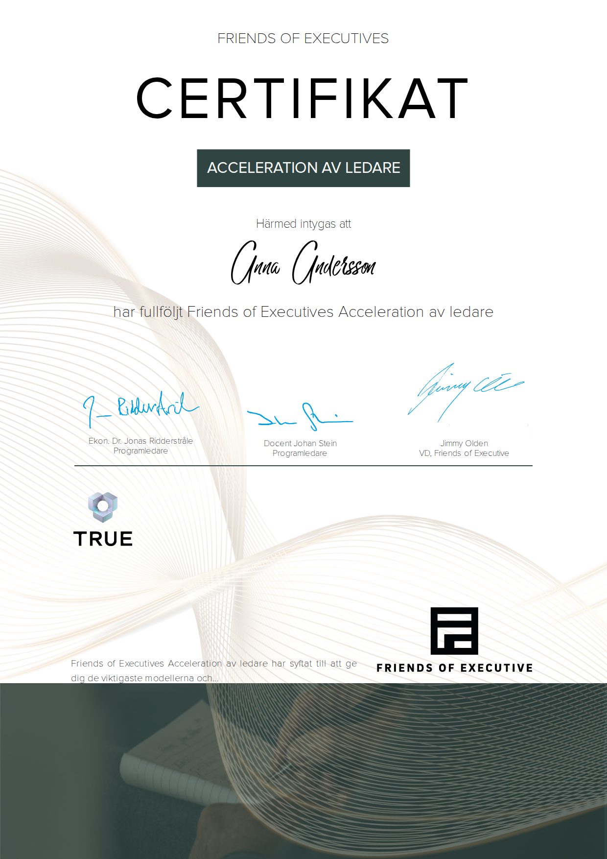 Example certificate for Leadership Acceleration from Friends of Executive