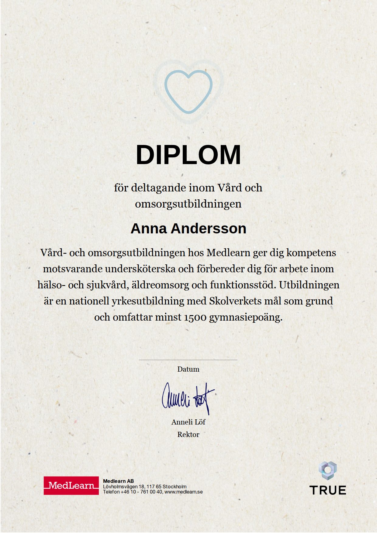 Exempel: diplom för Vård och omsorgsutbildningen från IRIS - MedLearn