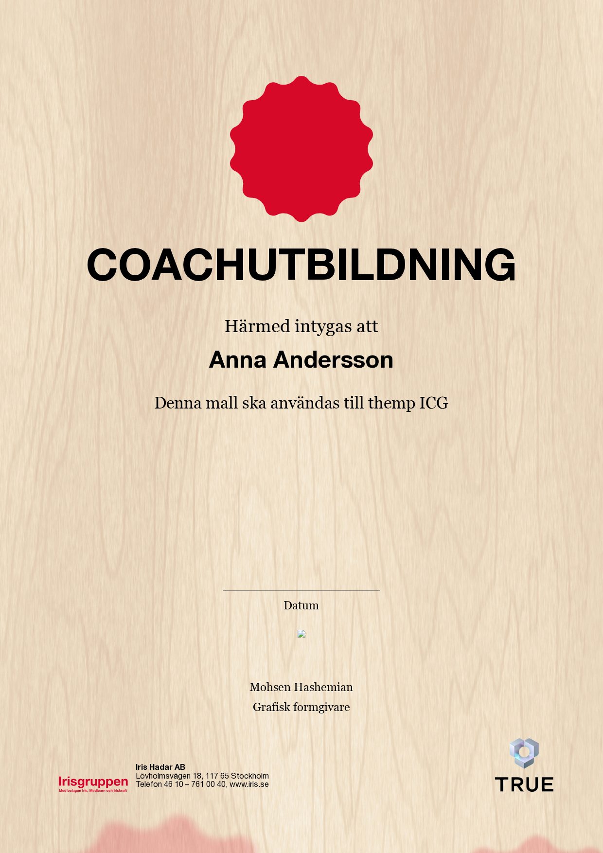 Example certificate for Coach Training from IRIS - Iris