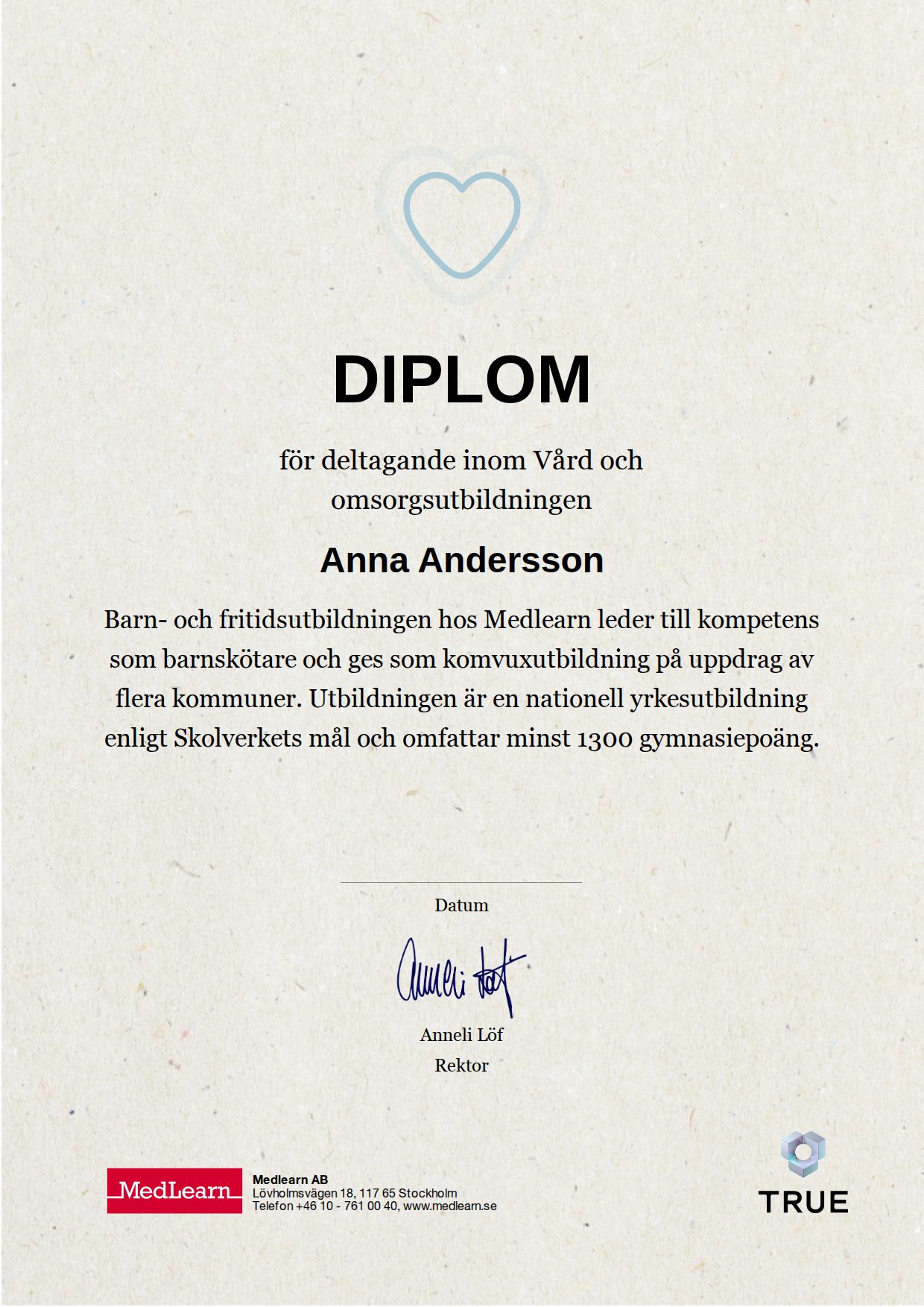 Exempel: diplom för Barn och fritidsutbildningen från IRIS - MedLearn