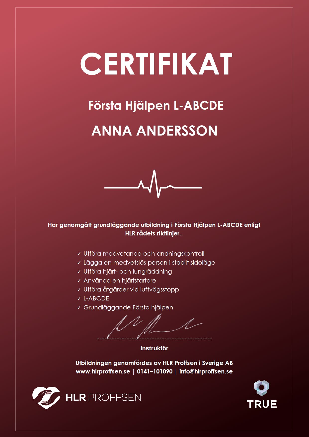 Example certificate for First Aid L-ABCDE from HLR Proffsen i Sverige