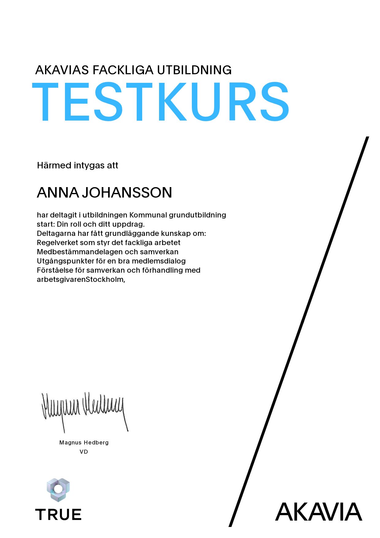 Example certificate for Municipal Basic Training, Start: Your Role and Your Assignment from AKAVIA