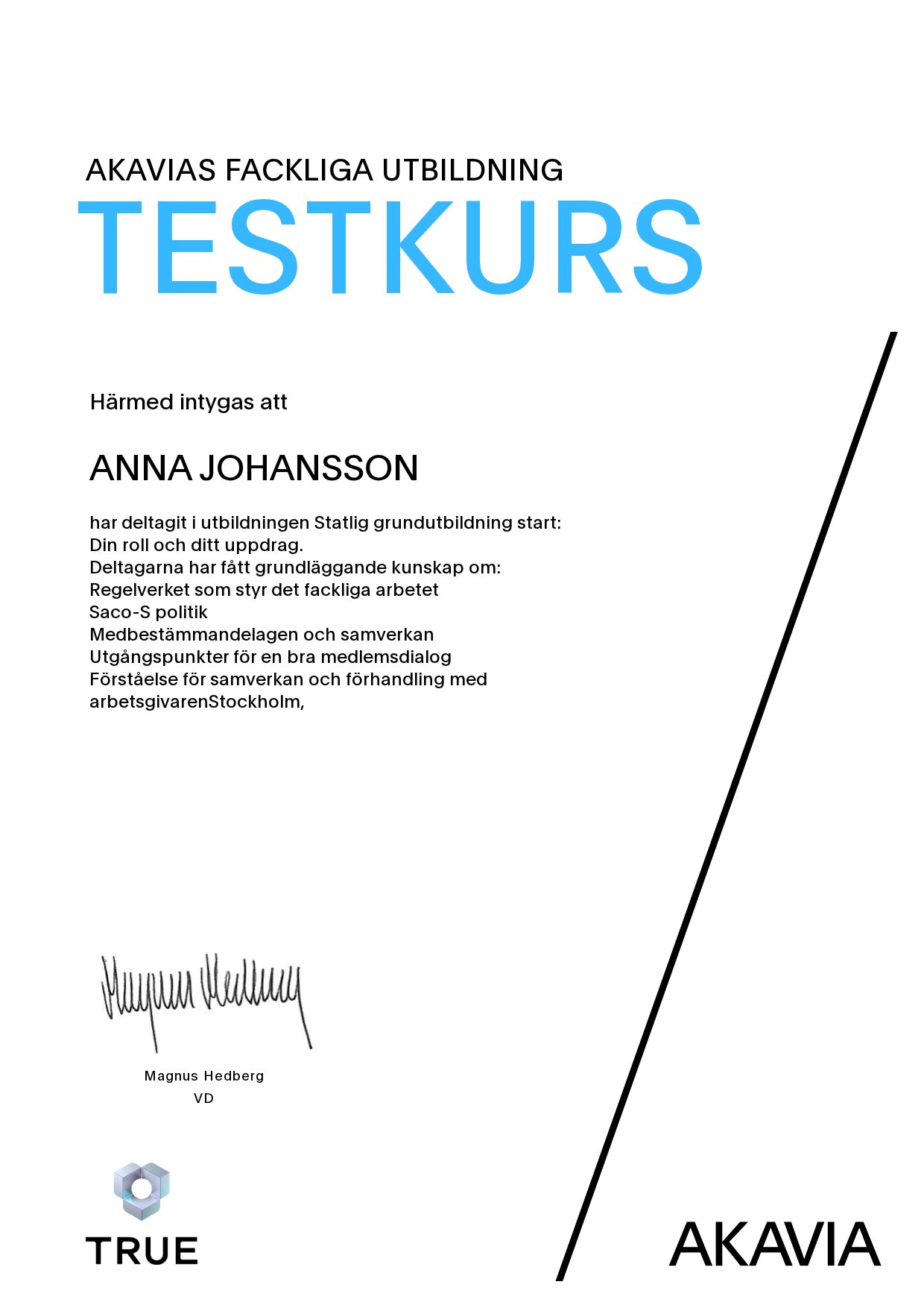 Exempel: diplom för Statlig grundutbildning start: Din roll och ditt uppdrag från AKAVIA
